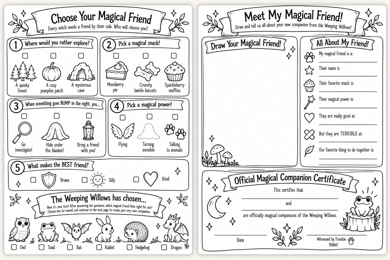 Printable magical friend worksheet and certificate with choices for exploring, snacks, powers, and animal companions, plus a drawing and companion profile page.