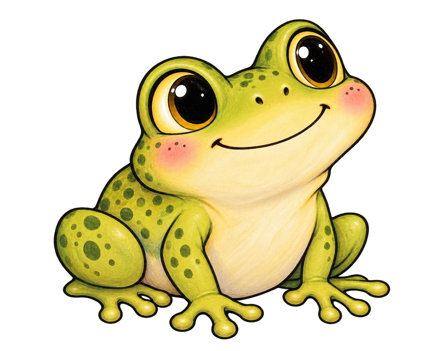 Smiling green cartoon frog with large eyes and spotted legs