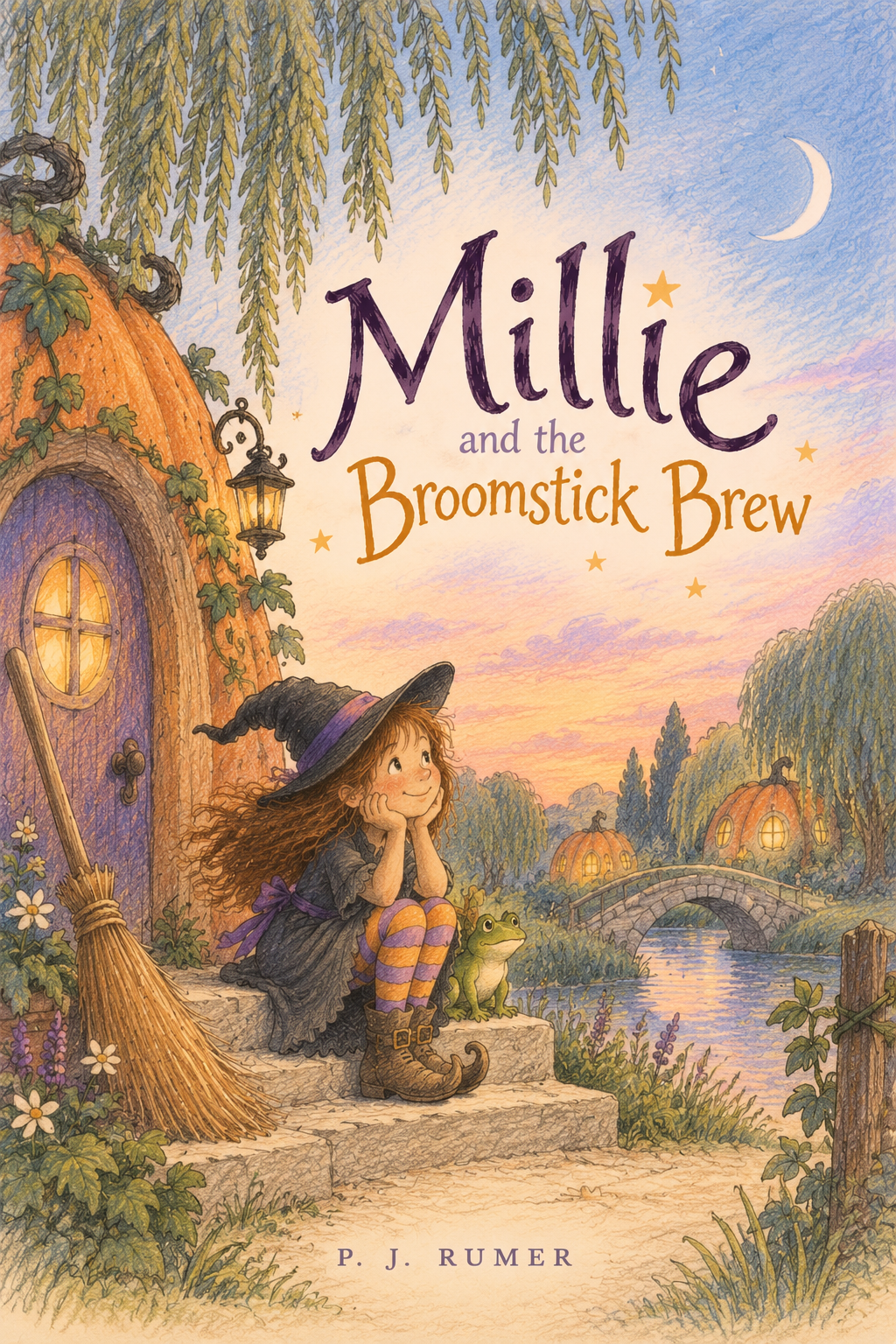 Children’s book cover for “Millie and the Broomstick Brew,” featuring a young witch with a frog beside a pumpkin-shaped cottage at sunset.