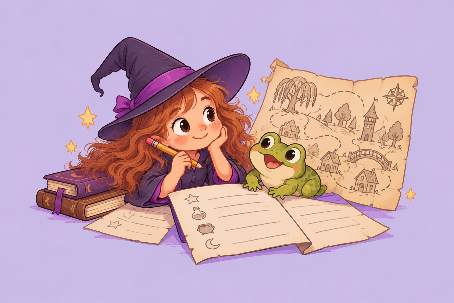 Cartoon girl wizard with a purple hat, frog companion, spellbook, pencil, papers, and a treasure map