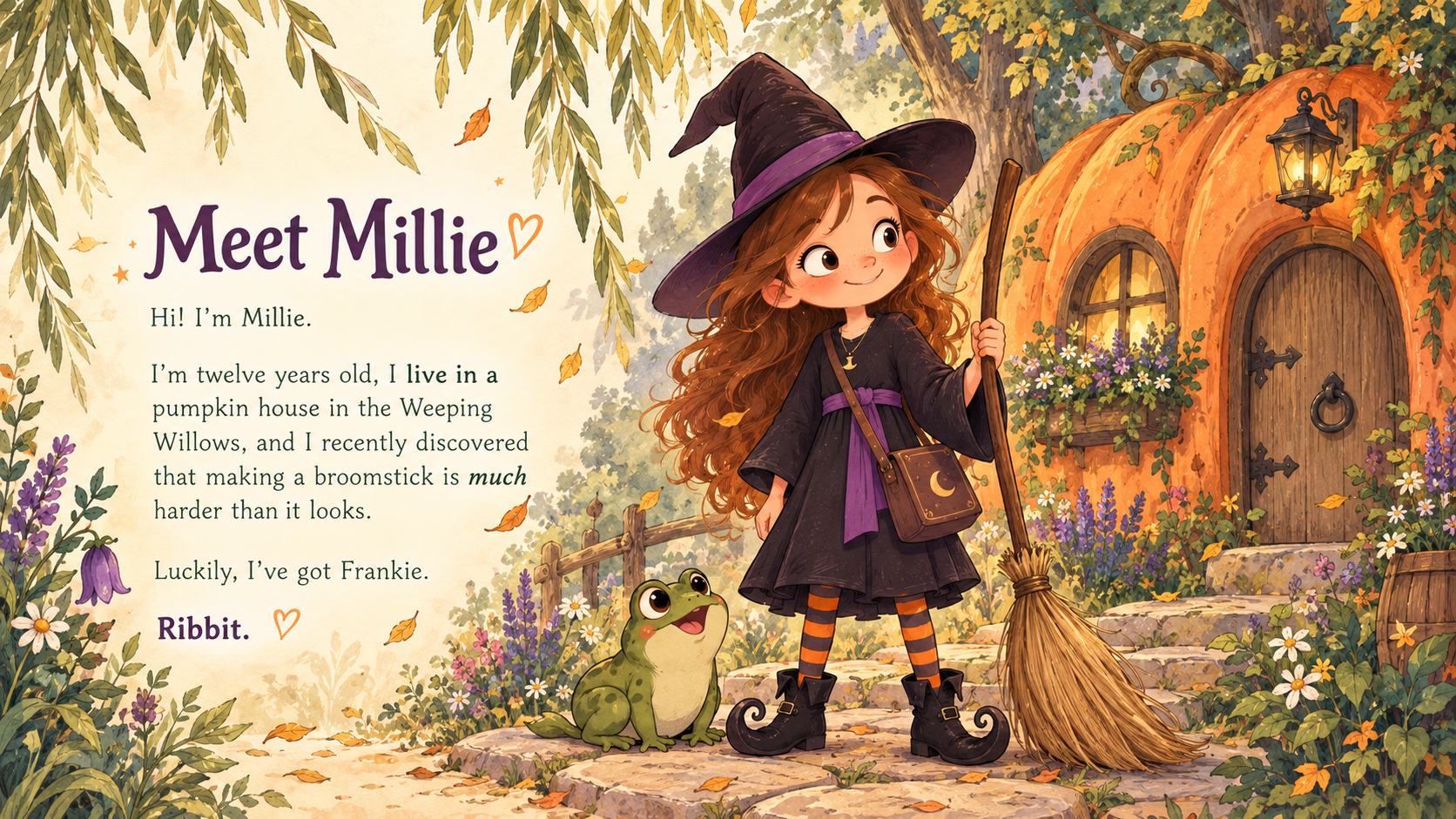 Illustrated children’s book page introducing Millie, a young witch with a frog companion beside her pumpkin-shaped home.