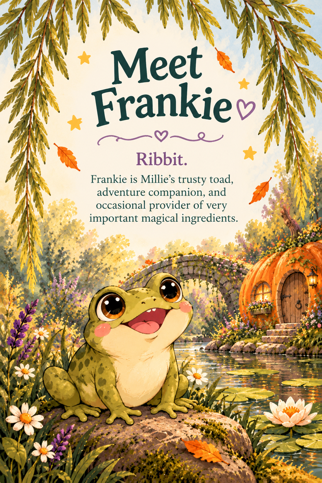 Illustrated children's book page introducing Frankie, a cheerful frog beside a pond and pumpkin-shaped cottage, with text describing him as Millie's trusty toad adventure companion.