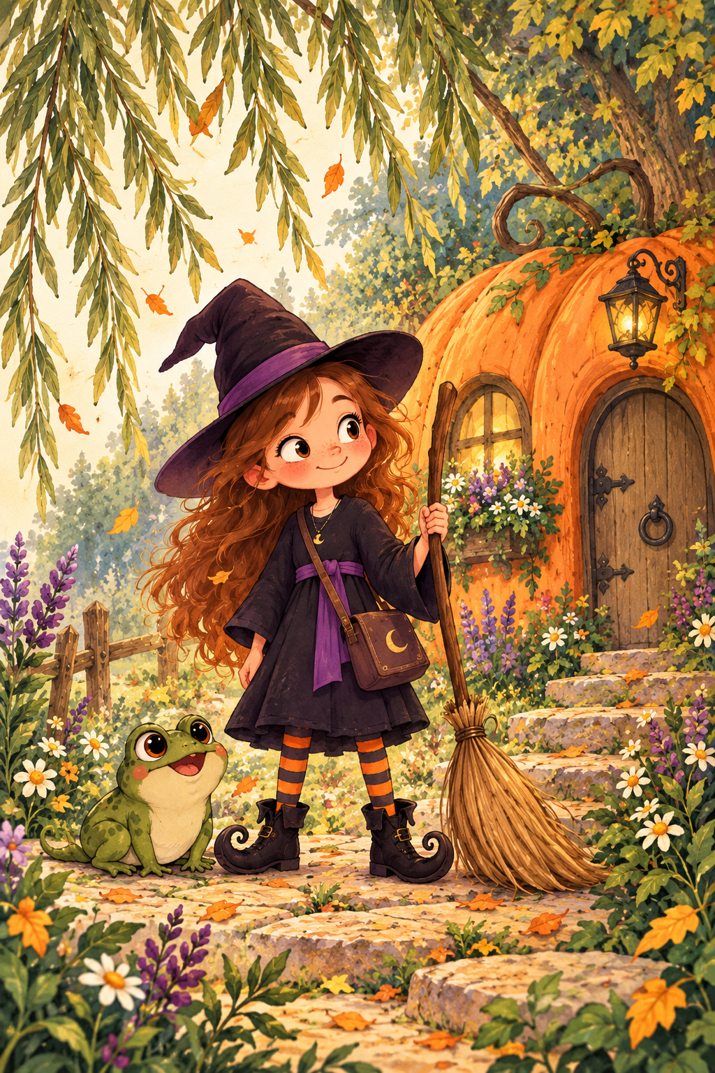 Whimsical illustration of a young witch with a broom and frog companion beside a pumpkin-shaped cottage.