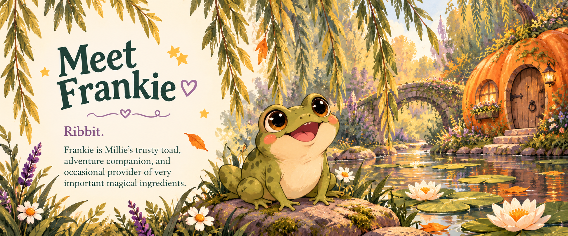 Illustrated children's book character page introducing Frankie, a cheerful frog sitting beside a pond near a pumpkin-shaped cottage, with text describing him as Millie's trusty toad.