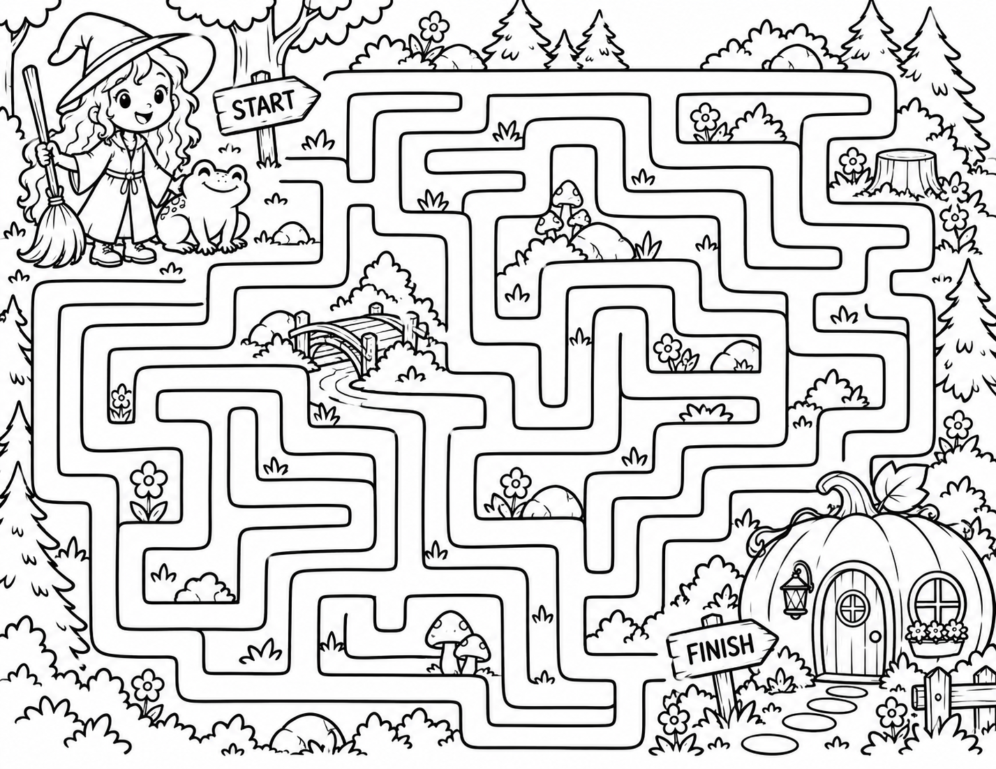 Black-and-white fantasy maze coloring page featuring a witch, frog, forest scenery, mushroom, bridge, and pumpkin cottage with START and FINISH signs.