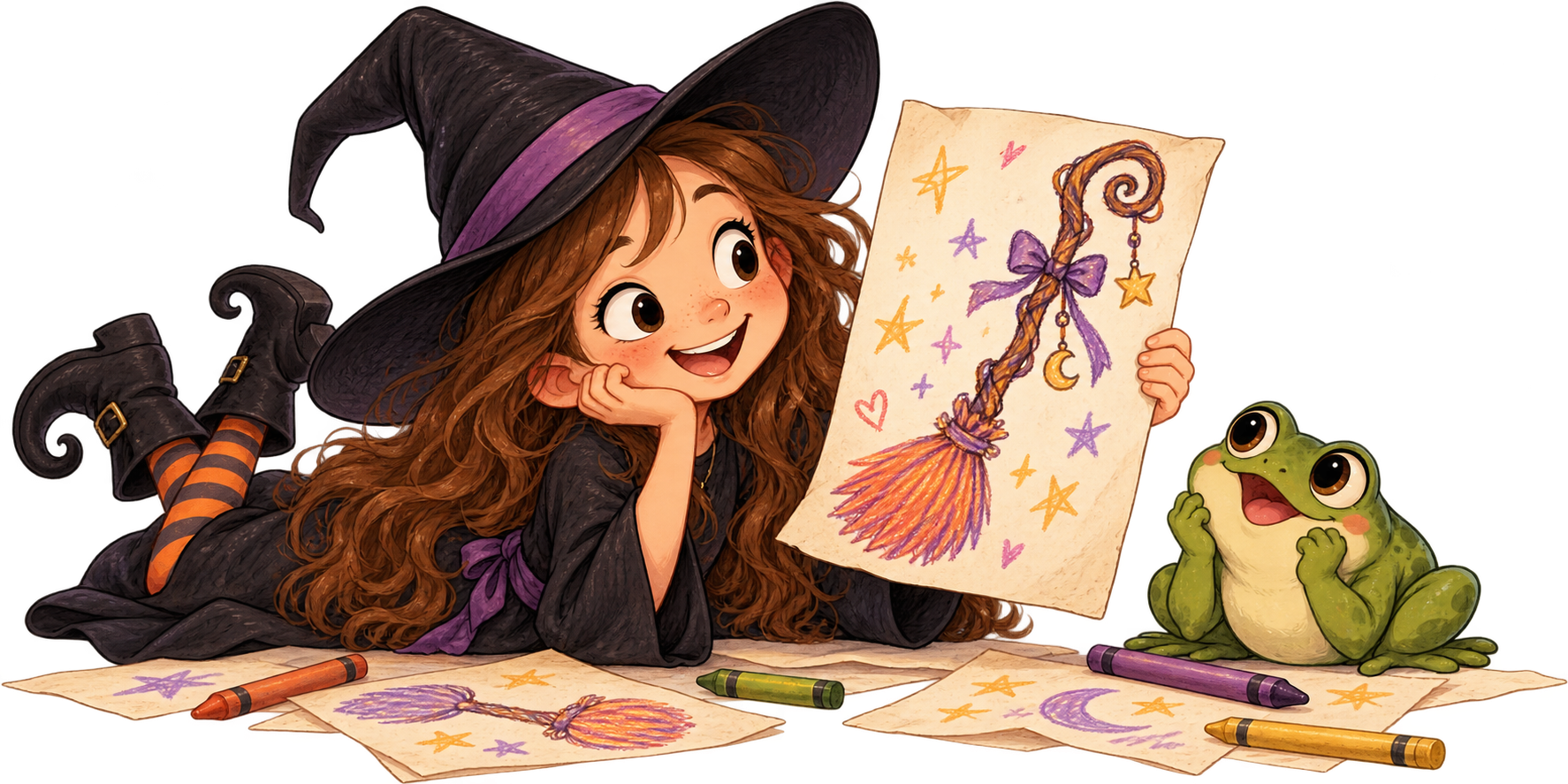 Smiling young witch girl holding a decorated broom drawing beside a cheerful frog, crayons, and magical artwork