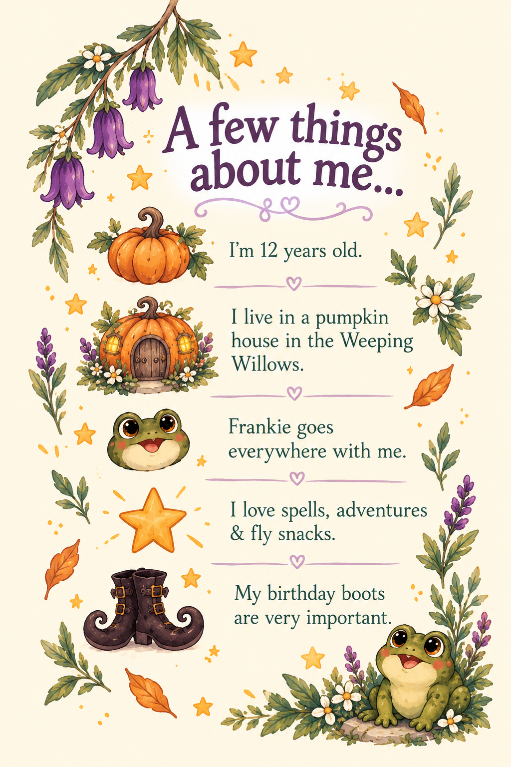 Whimsical “A few things about me” poster featuring a 12-year-old character living in a pumpkin house, a frog named Frankie, spells, adventures, fly snacks, and birthday boots, surrounded by autumn leaves, flowers, stars, and pumpkins.