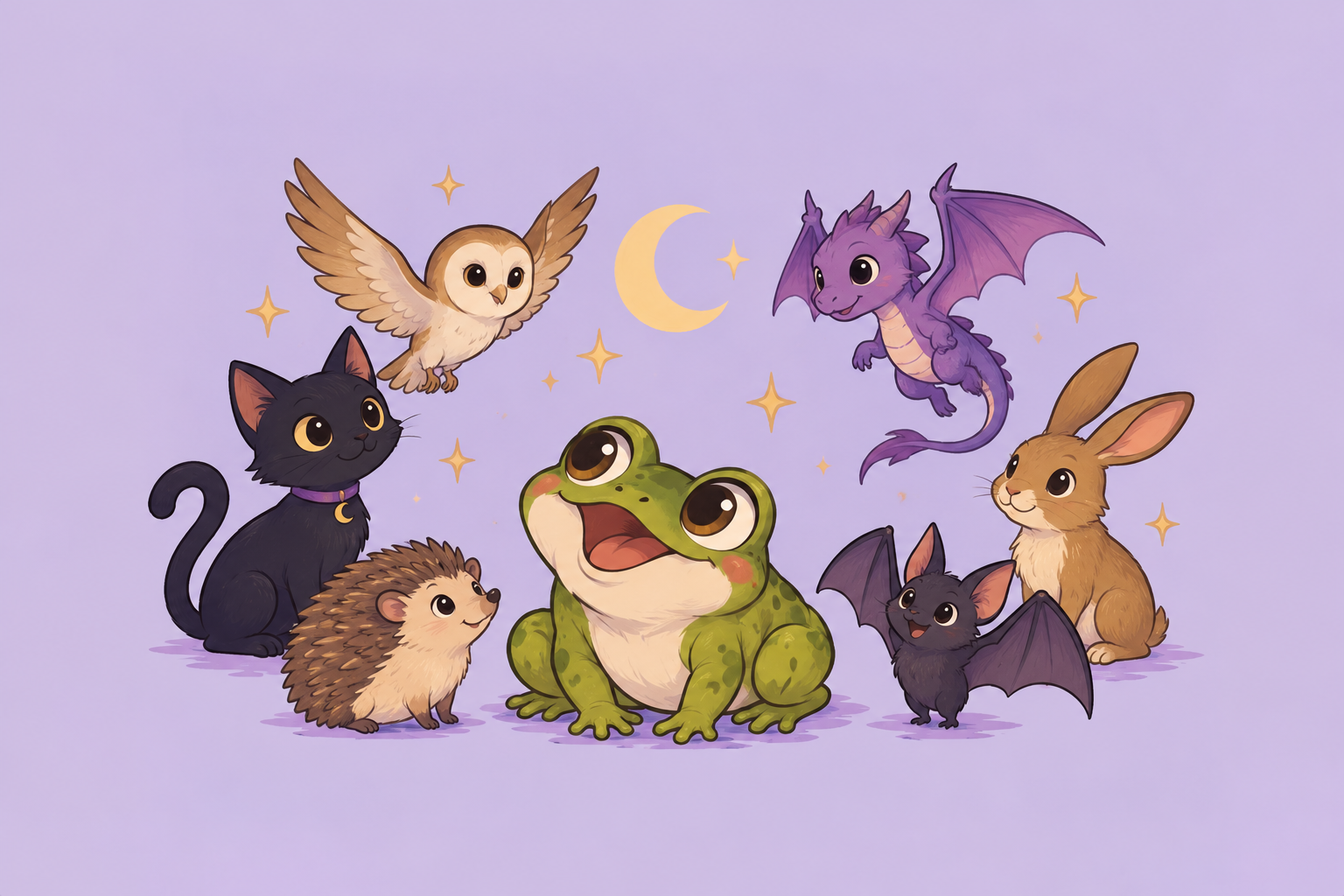 Cute cartoon animals—a frog, black cat, owl, hedgehog, purple dragon, rabbit, and bat—under a crescent moon and stars on a lavender background