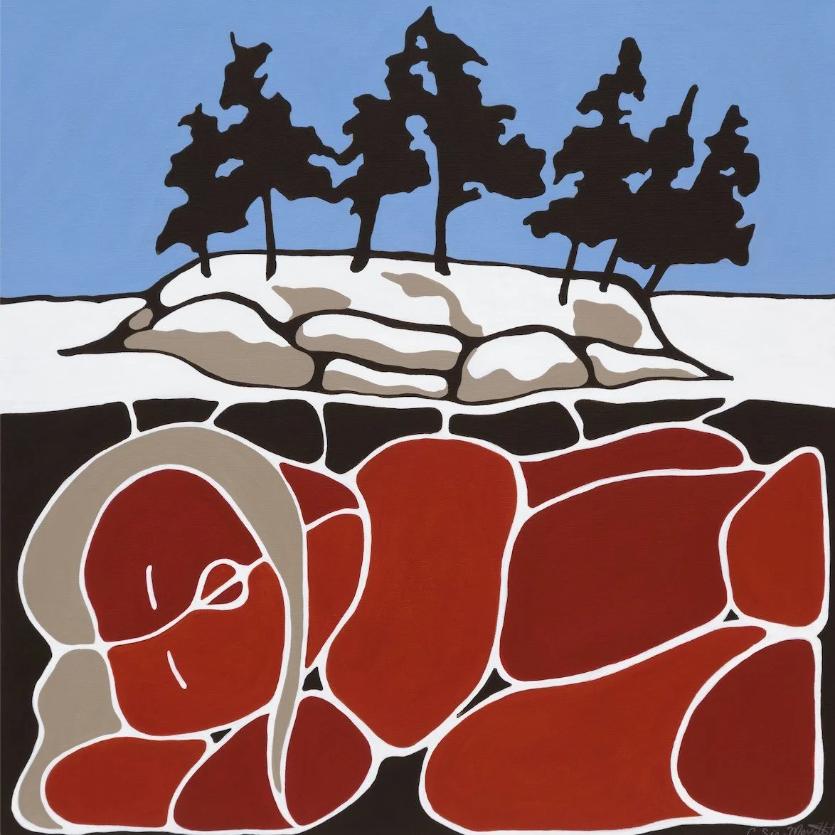 An abstract illustration of a landscape with trees on a hilltop, soil layers below, including red and brown earth, rocks, and roots, against a blue sky background.