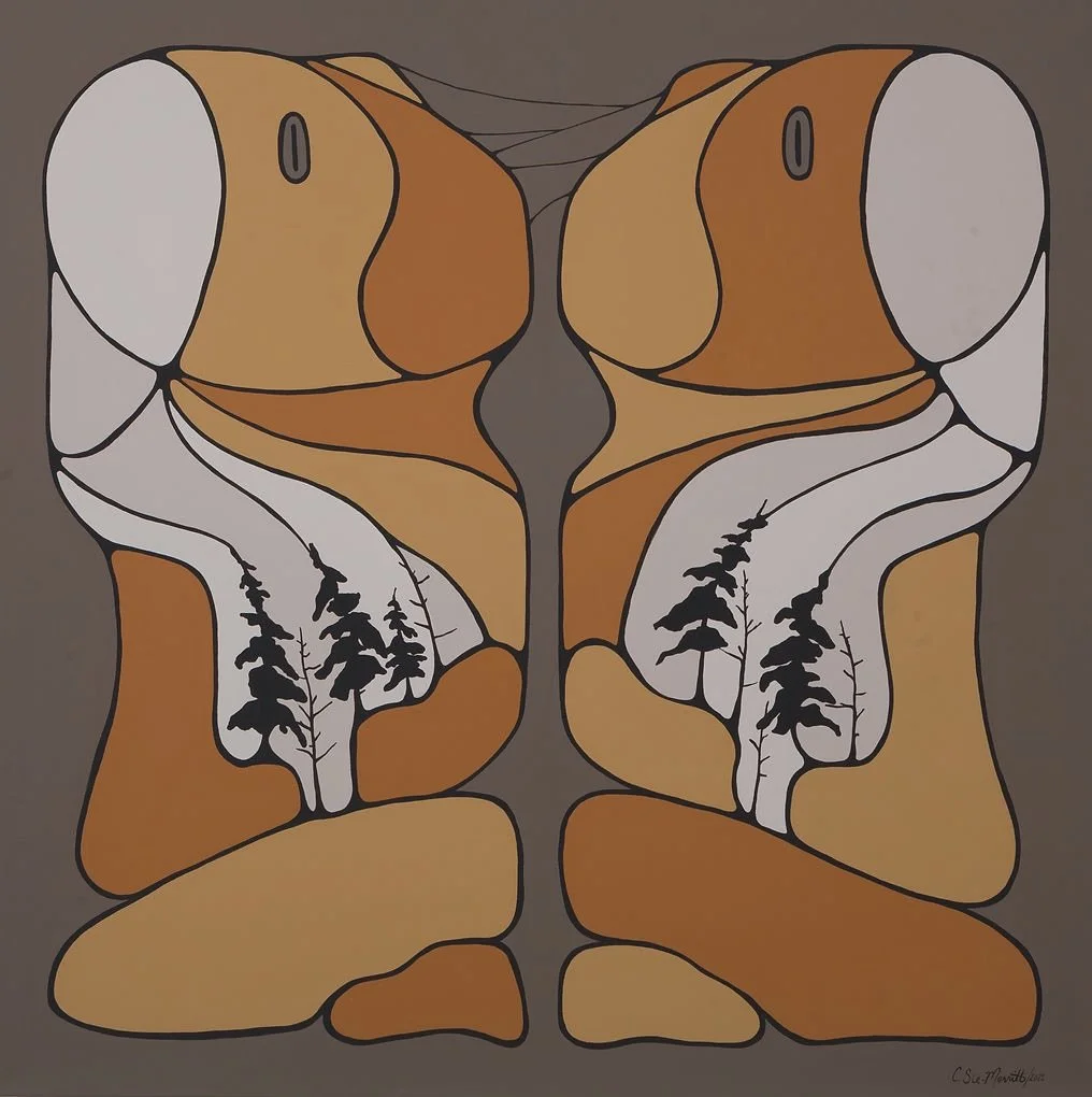 Abstract artwork depicting mirrored mountain landscapes with trees, stylized to resemble human faces.