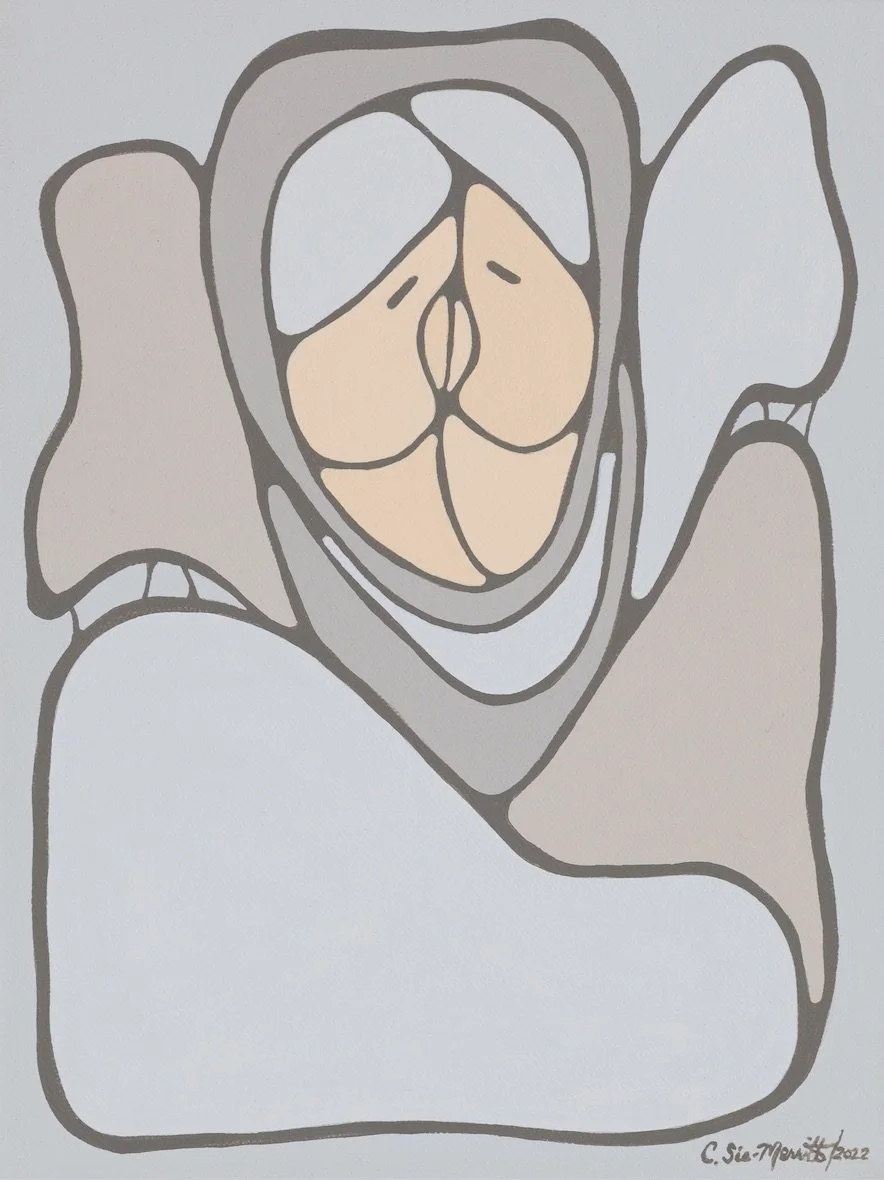 Abstract illustration of a face with closed eyes, surrounded by shapes resembling a helmet or mask, with neutral background colors.