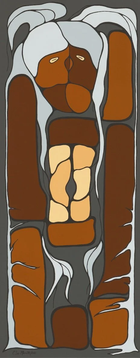 Abstract illustration of a dog with a long body and large paws, in shades of brown, cream, and gray.