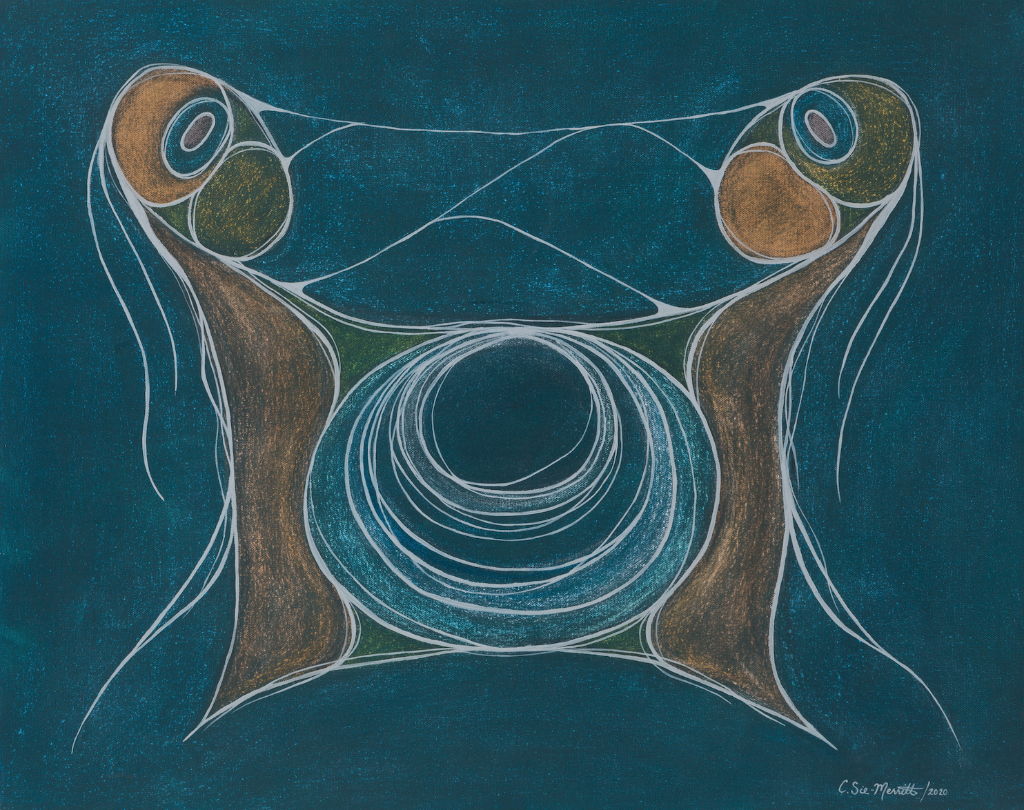 Abstract artwork with a central spiral pattern, surrounding curved shapes, and a dark blue background.