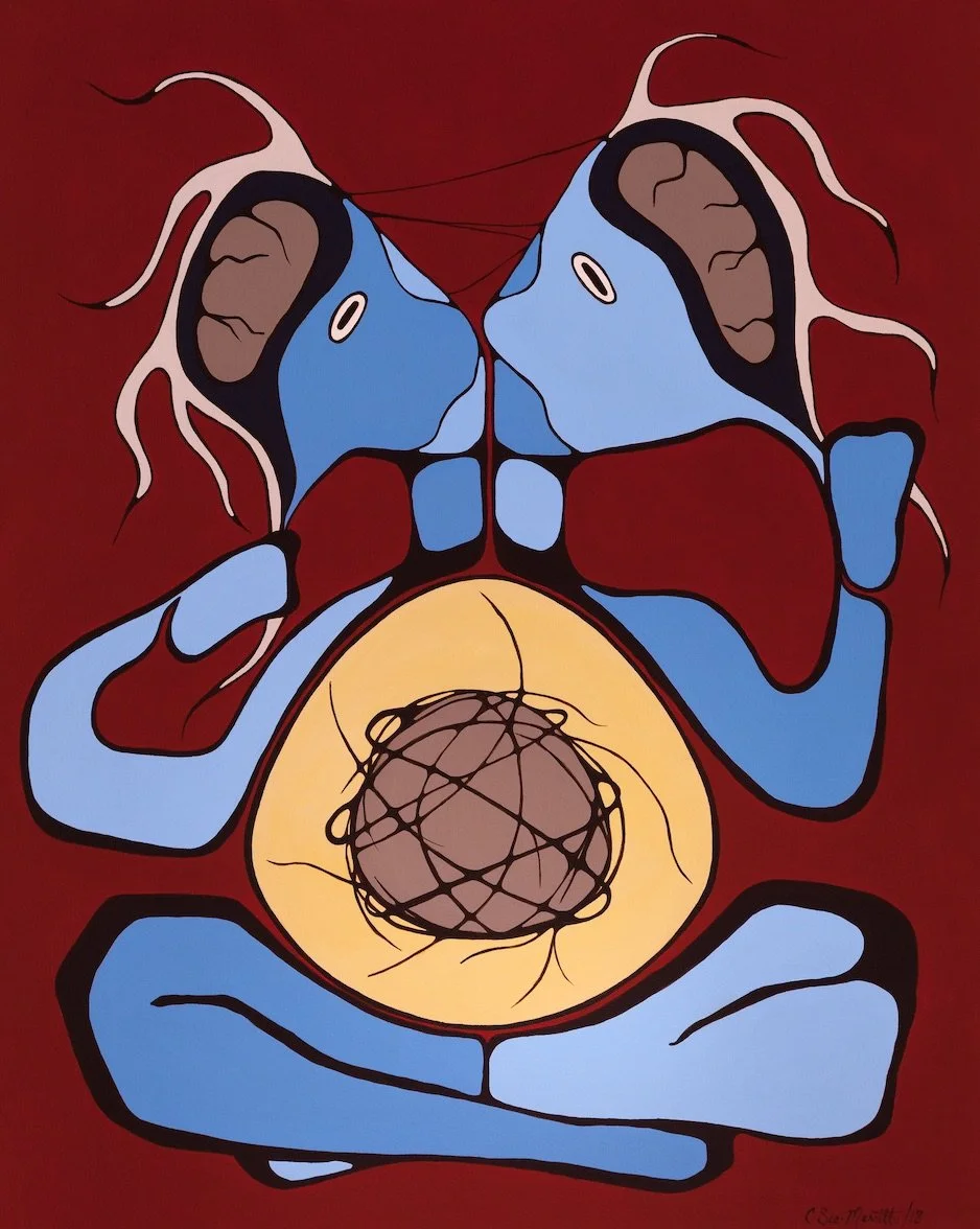 Abstract art depicting two blue and brown abstract human faces facing each other with a yellow circle and tangled black lines in the center on a red background.