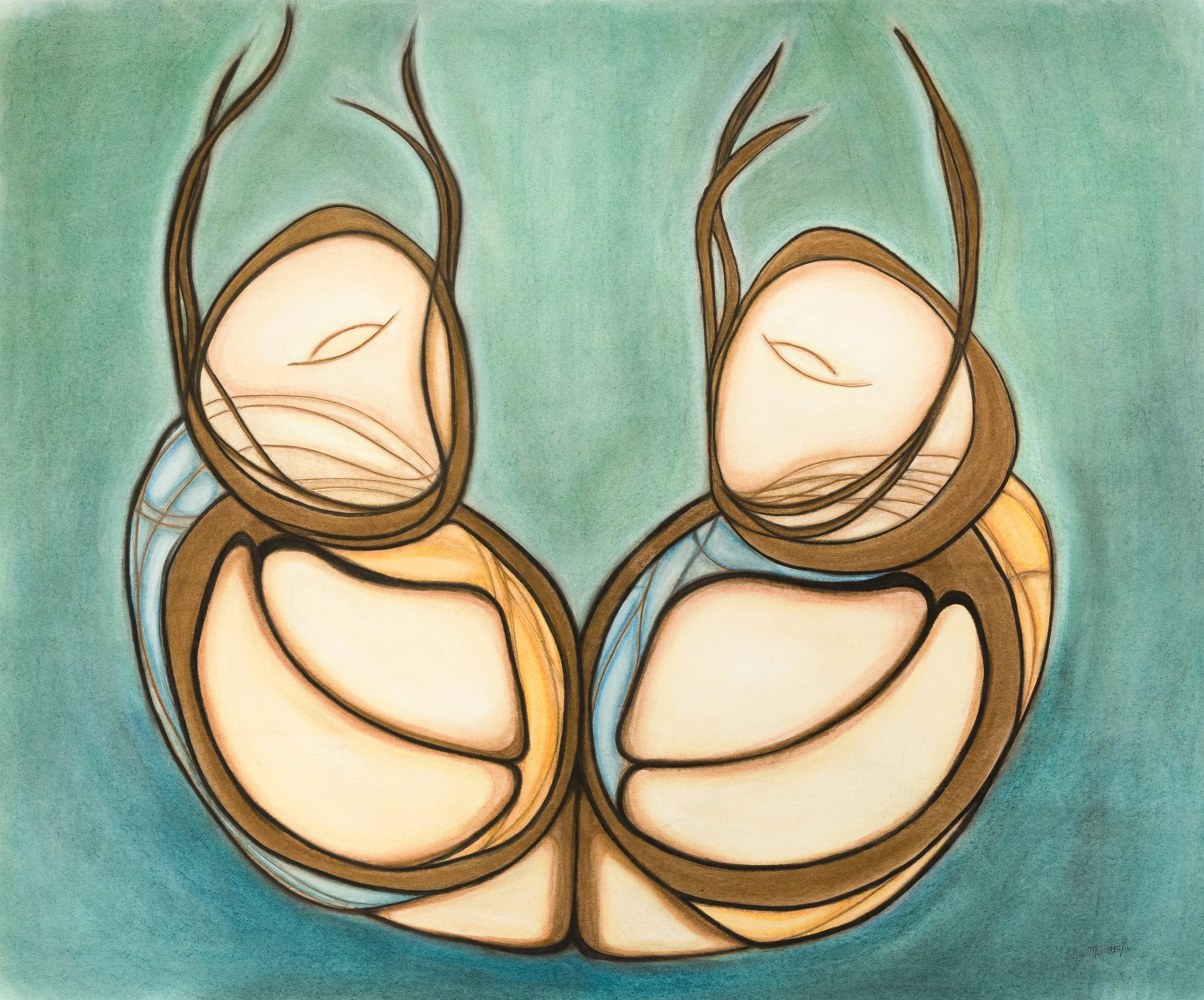 A stylized drawing of closed eyes with brown eyelashes, set against a light green background. The artwork features soft, warm colors.
