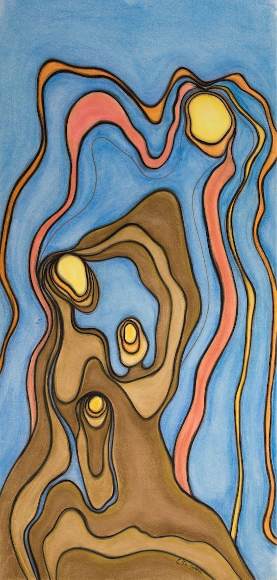 Abstract artwork with multicolored flowing lines and shapes resembling a stylized face or figure, predominantly brown, blue, yellow, red, and black, with a textured background.
