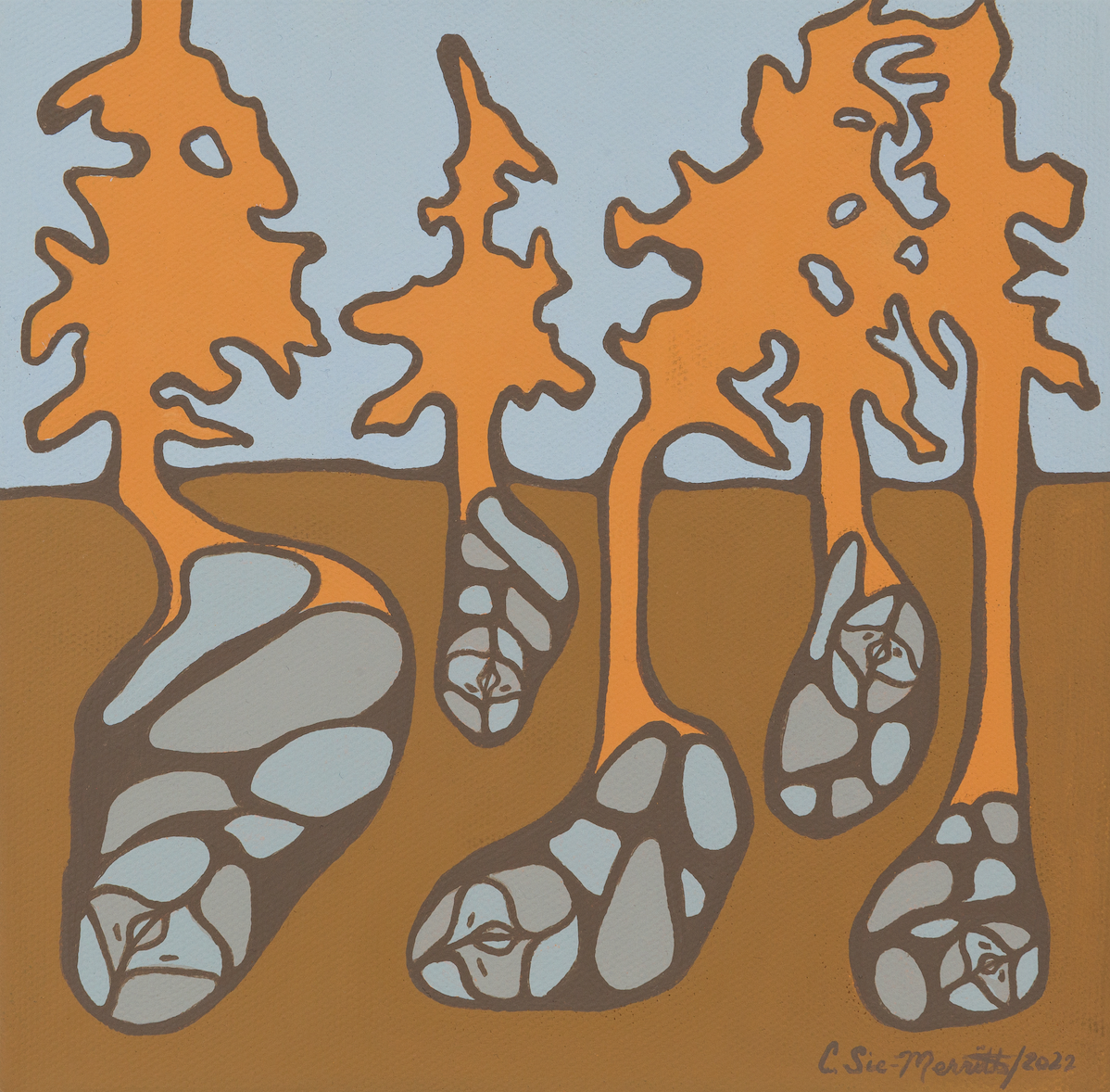 Stylized illustration of four trees with orange leaves, gray and white rocks at the base, and a brown ground under a light blue sky.