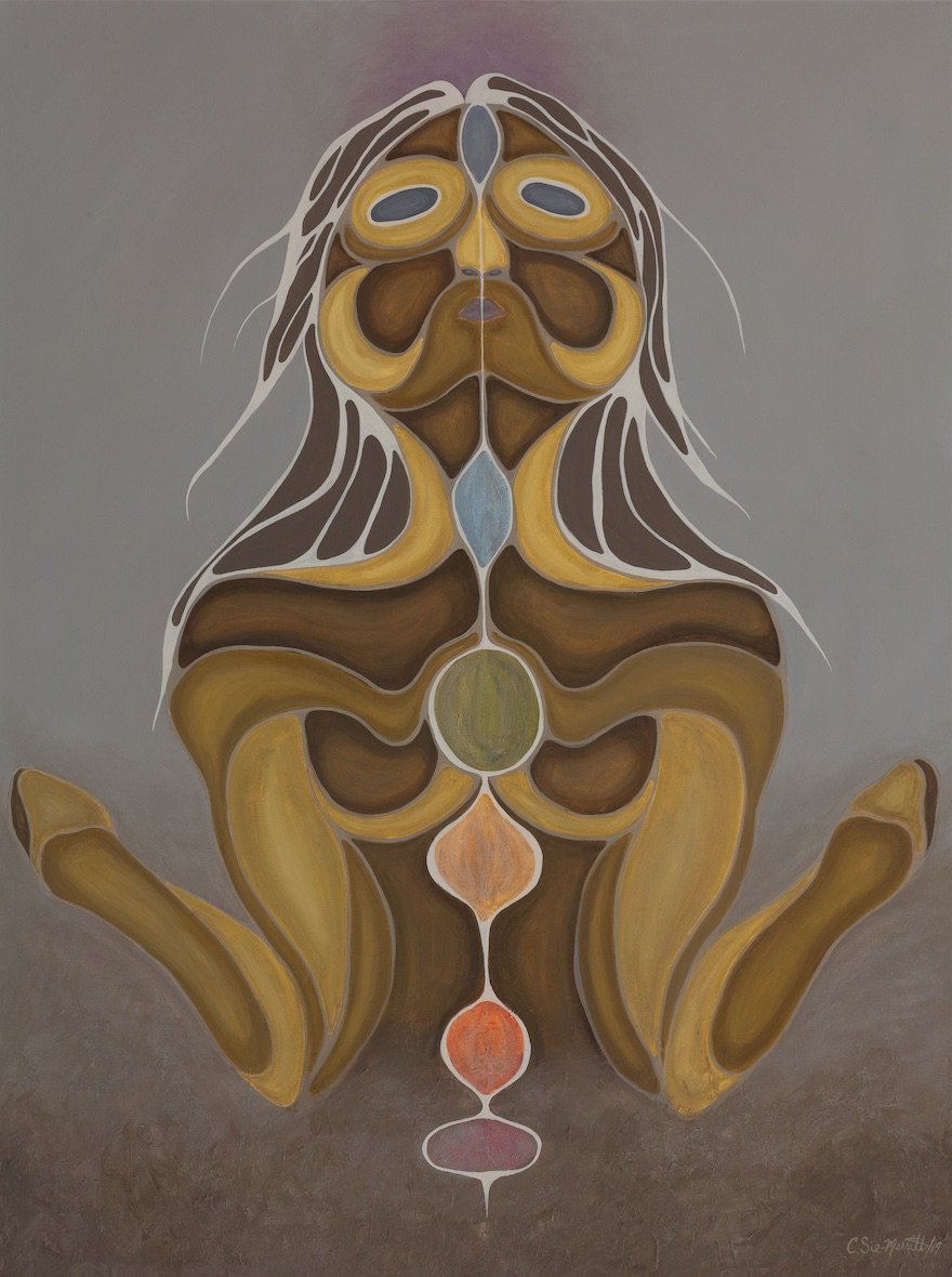 Abstract painting of a seated figure with legs crossed, featuring geometric shapes and earthy tones, with a symmetrical design.