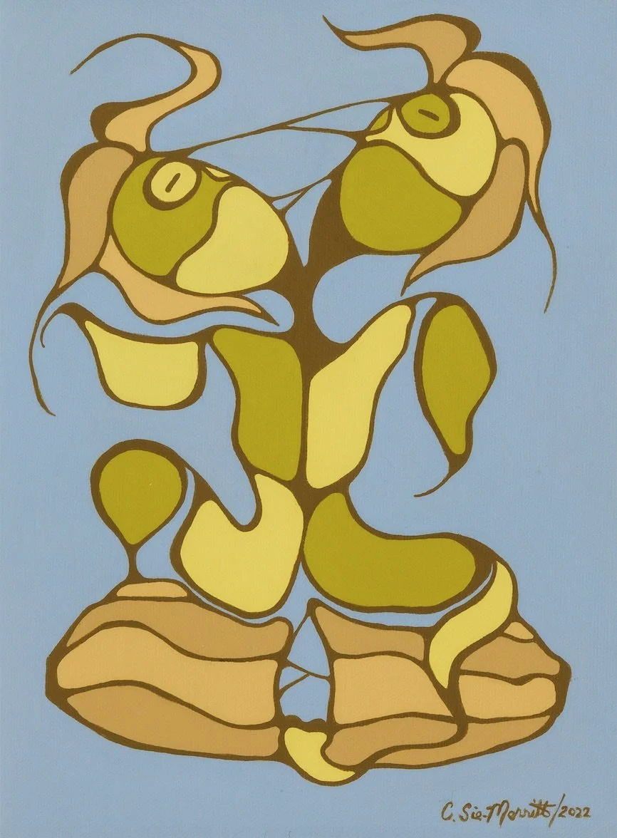 Abstract illustration of a person sitting cross-legged, with stylized features, using shades of green, yellow, brown, and beige against a light blue background.