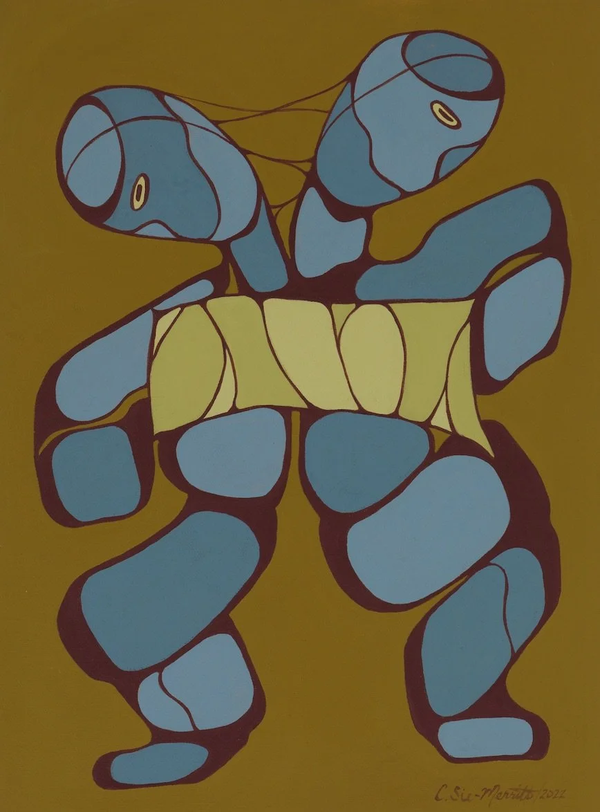 Abstract painting of a humanoid figure with a yellow torso and blue limbs outlined in dark brown on a yellow background.