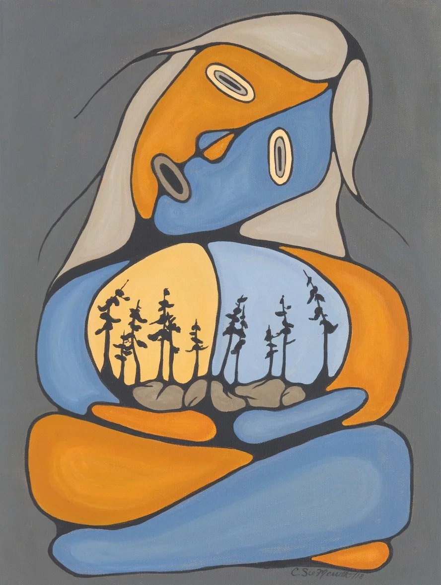 Abstract painting depicting a stylized human figure intertwined with nature elements, featuring trees and sky colors in orange, blue, and beige tones.