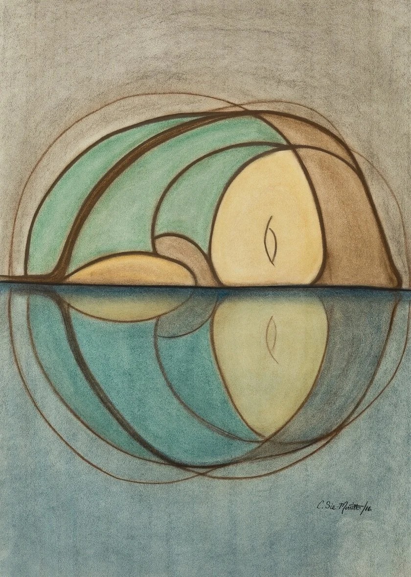 Abstract watercolor painting of a face with closed eyes, featuring soft pastel colors and brown outlining, reflected in a body of water.