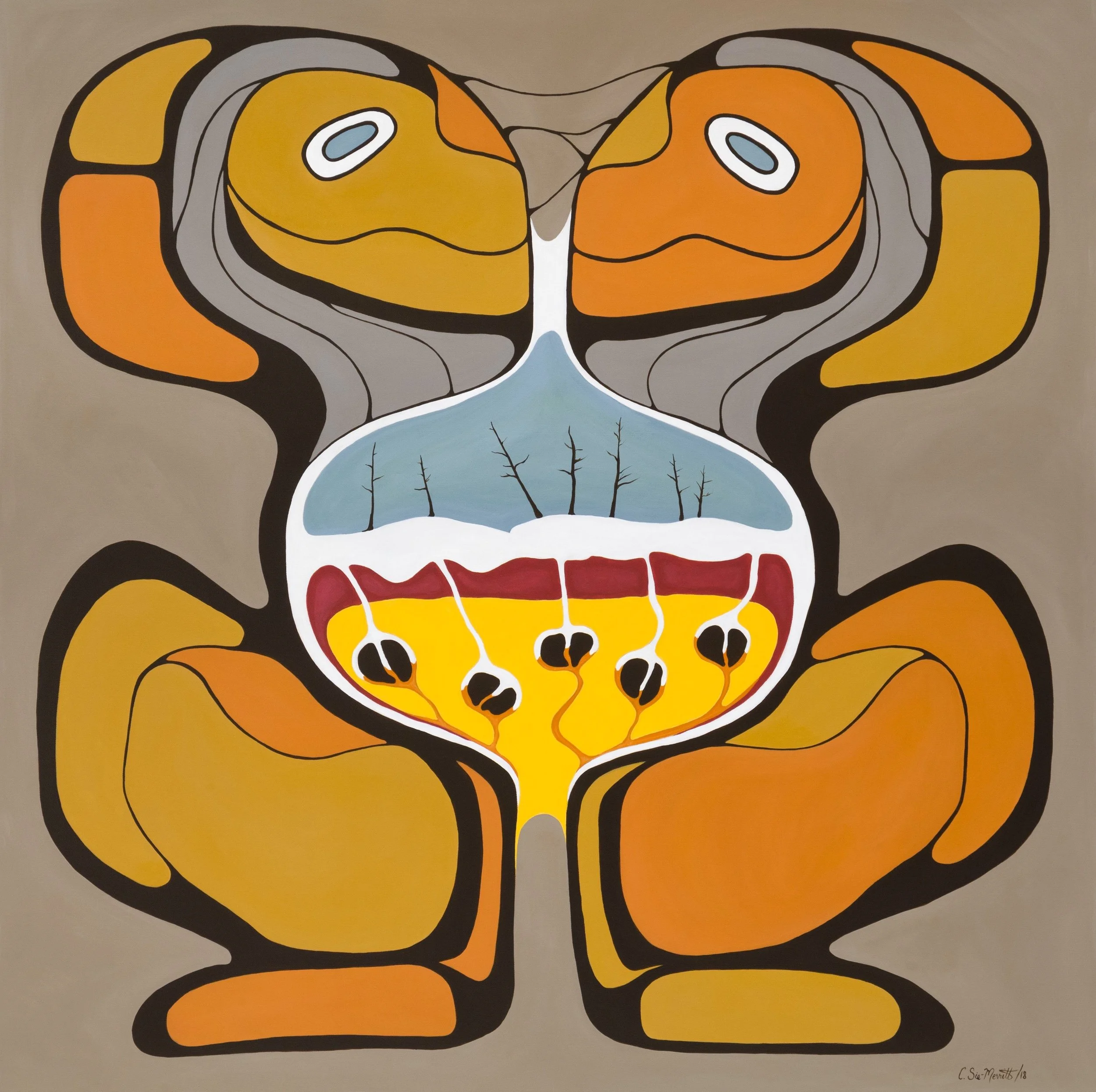An abstract painting of two bee faces facing each other, with bright orange, yellow, and black colors, and stylized features. The artwork is signed by C. Sie-Morelli in 2018.