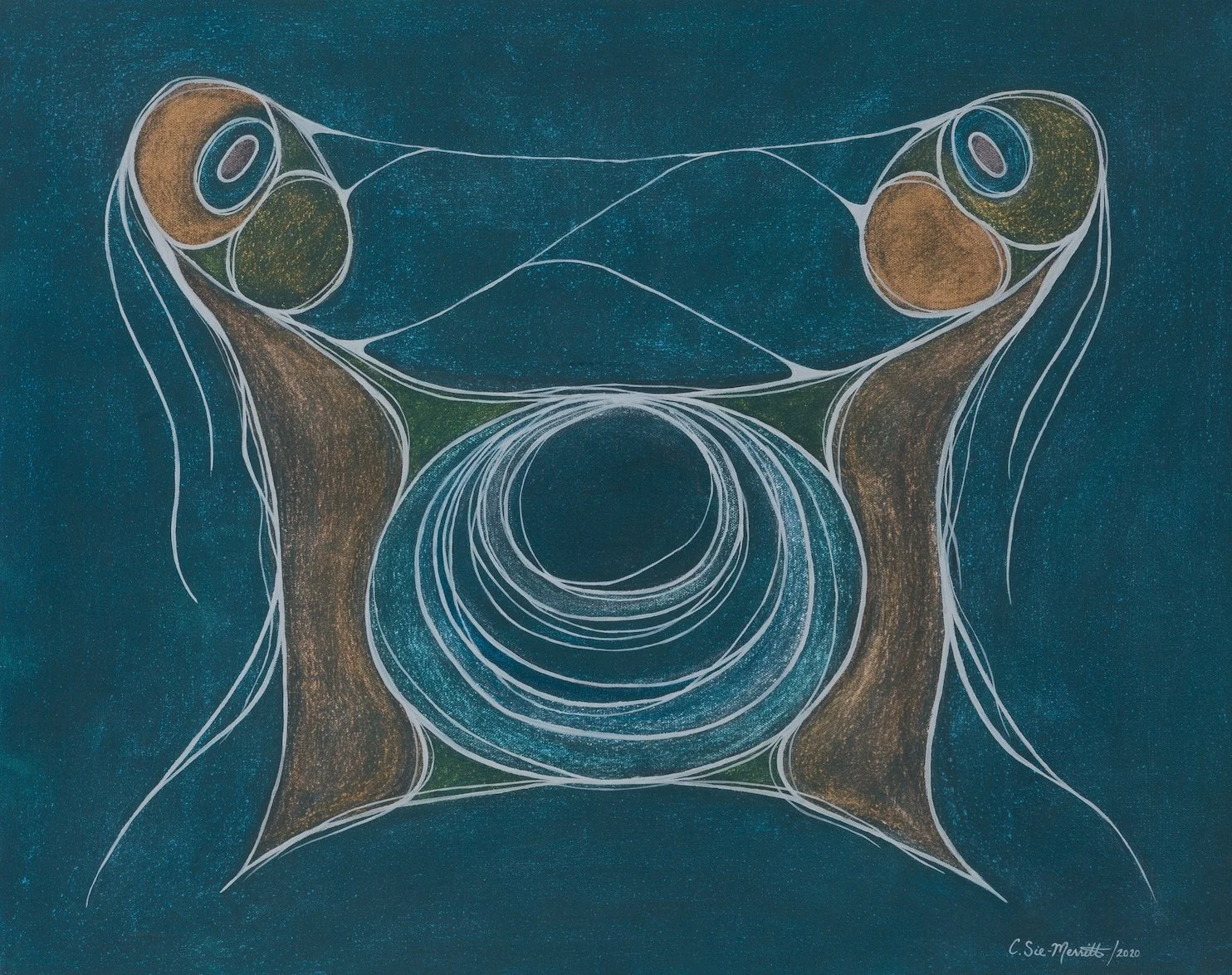 Abstract artwork featuring a spiral vortex in the center with two large rounded shapes resembling eyes on top, and curved lines running from the center to the edges, with dark, earthy tones and white outlines.