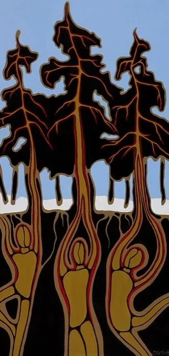 Illustration of tree roots underground with the trees above ground, black tree canopies, and a light blue sky background.
