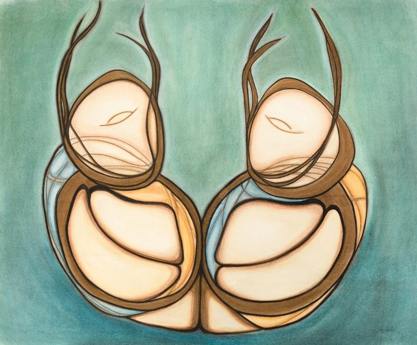 Abstract painting of two figures with closed eyes, curled up, facing each other, with looped lines and soft pastel colors.