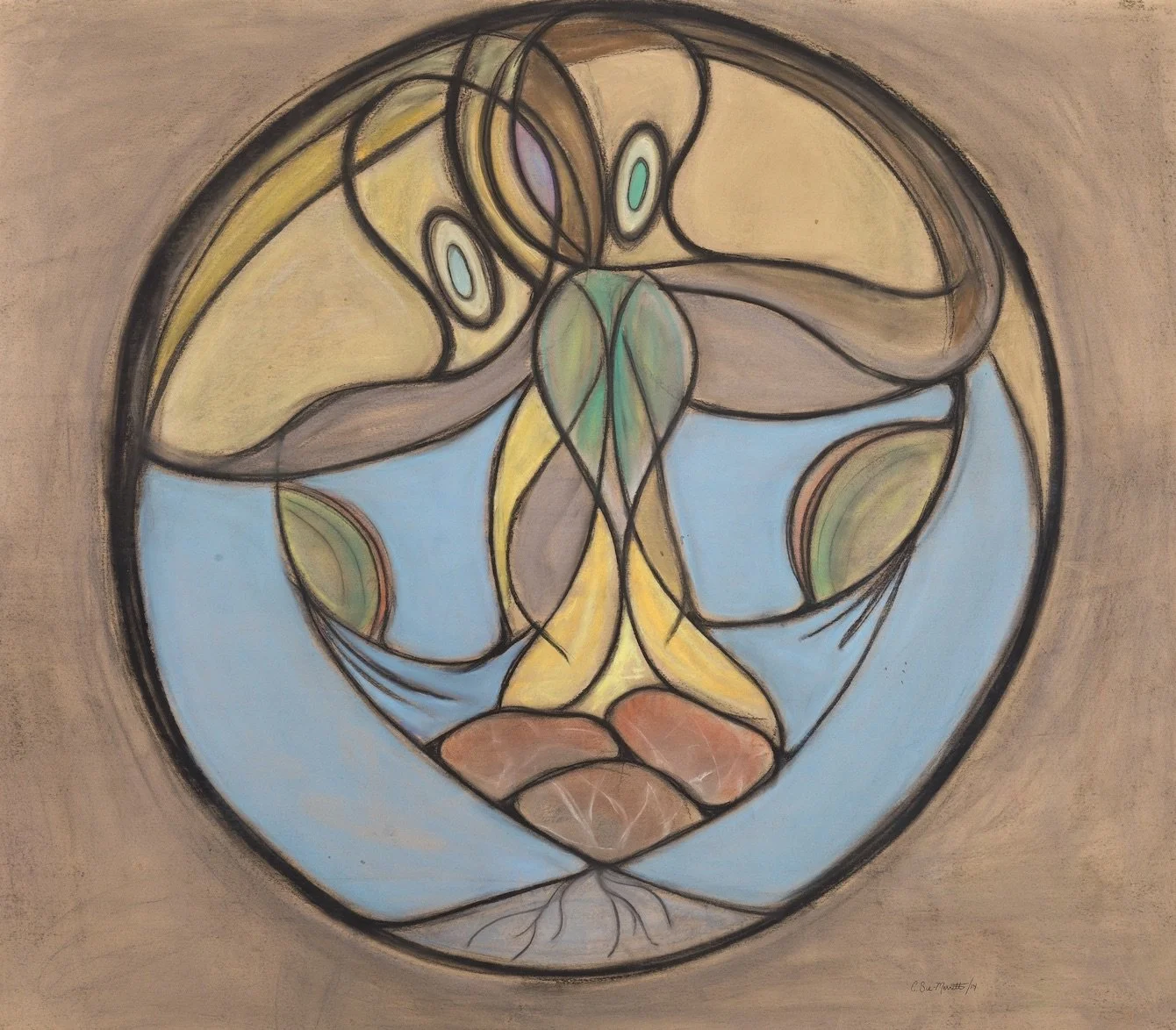 Abstract painting of a face with various shapes and colors, including blue, yellow, green, and brown, enclosed in a circular border.