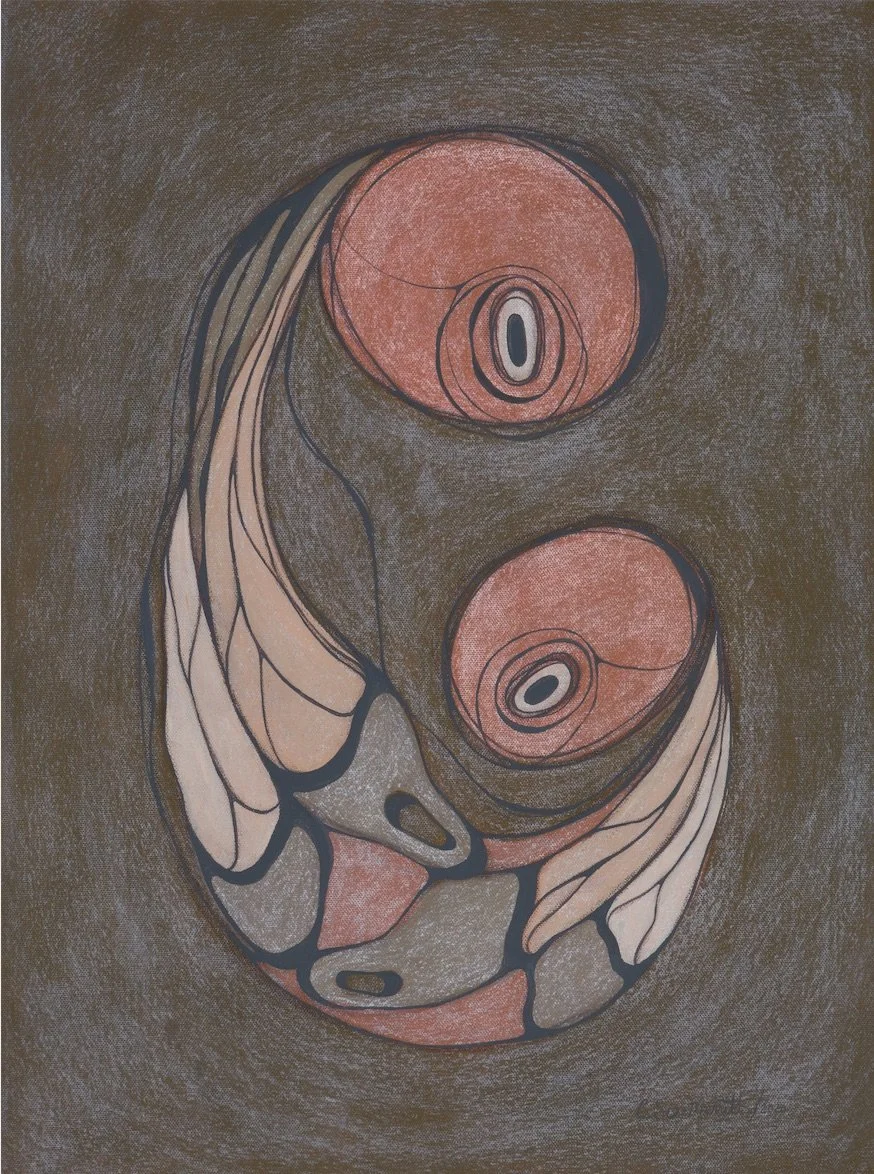 A surreal abstract drawing of a face with exaggerated features, including large oval eyes, a long nose, and outlined lips, with a textured dark background.