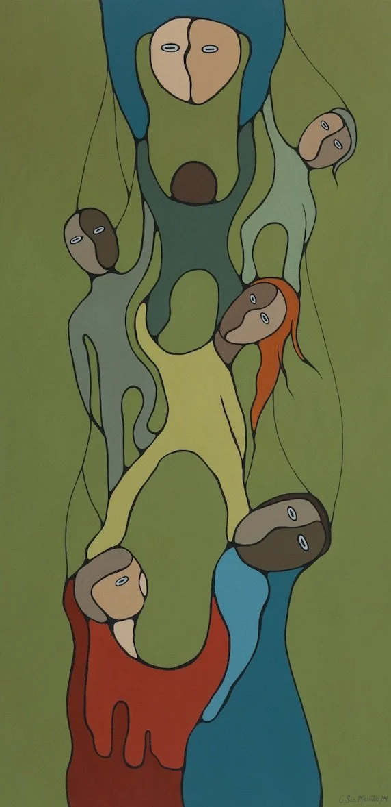 A colorful abstract painting of a group of women connected in a vertical formation, with elongated bodies and simplified faces. Each woman has different hair colors and is wearing different colored dresses.