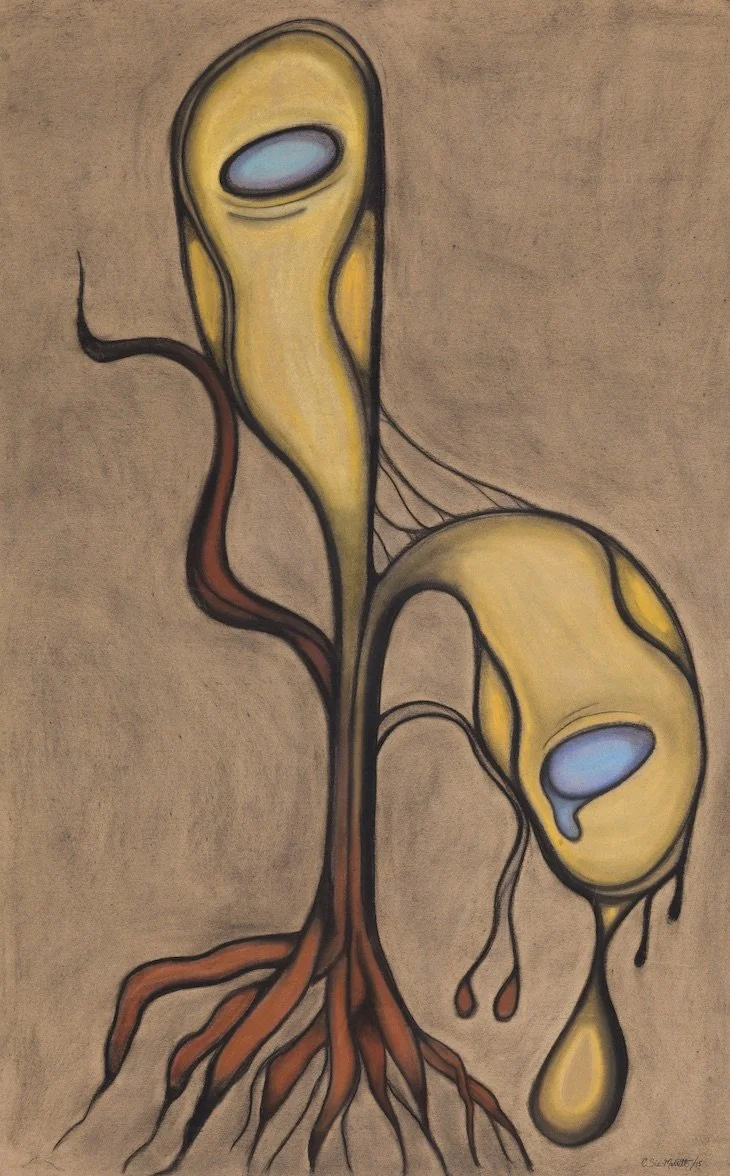 Abstract artwork of a plant with two yellow, drooping, face-like shapes with blue eyes and tears, root-like base, and black outlines on a beige background.