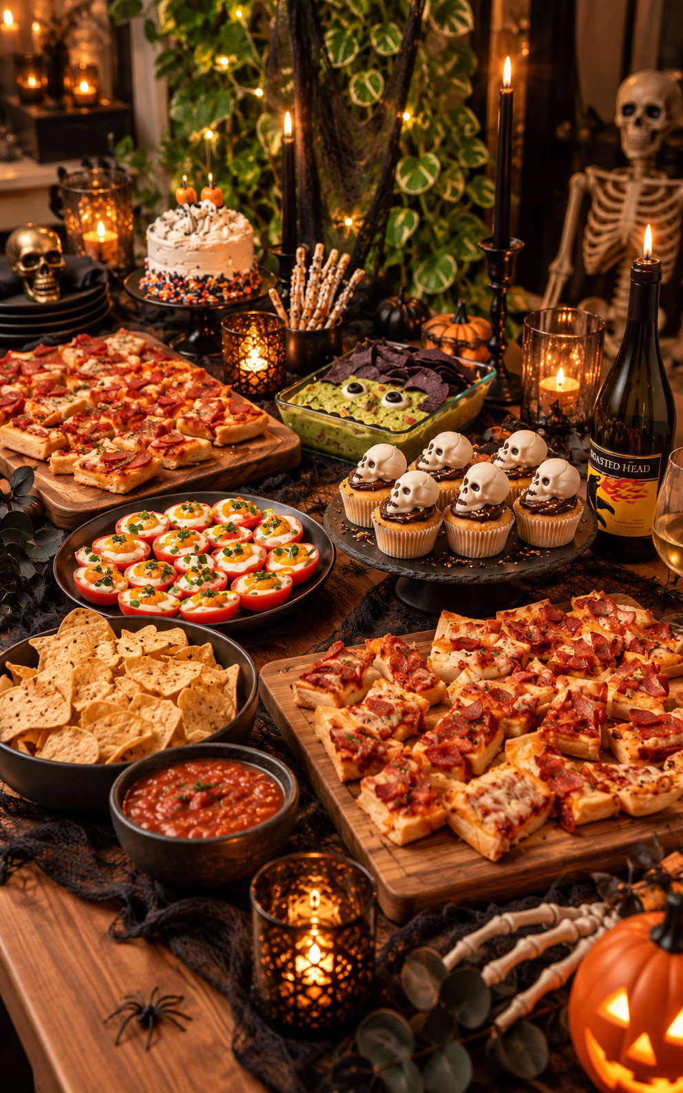 Halloween-themed party table with pizza, deviled eggs topped with parsley, cupcakes with skull decorations, a cake with Halloween sprinkles, chips with salsa, and various decorations including candles, pumpkins, skulls, and skeletons.