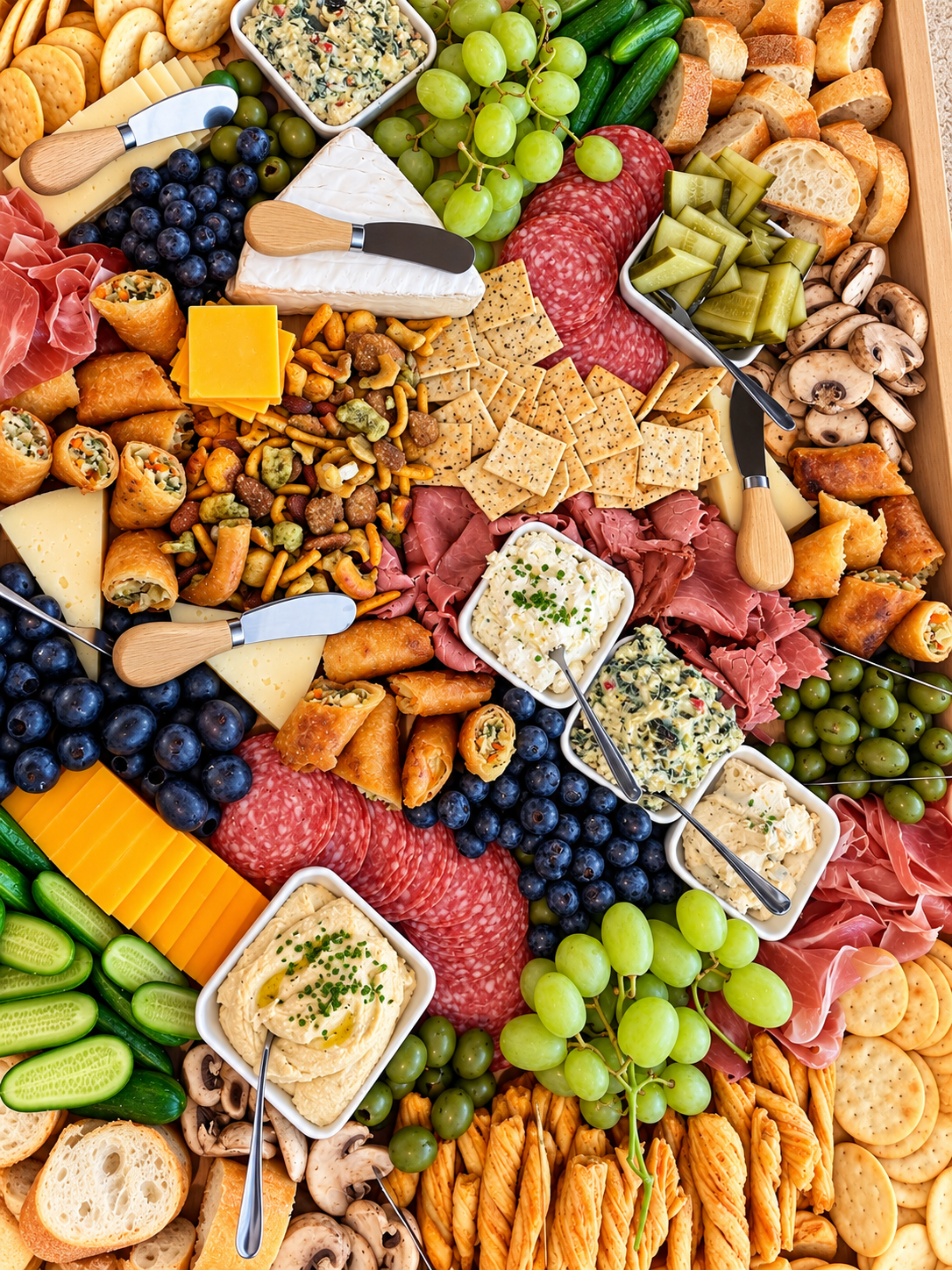 An assortment of cheeses, olives, grapes, crackers, meats, hummus, and finger foods arranged on a platter for a charcuterie board.