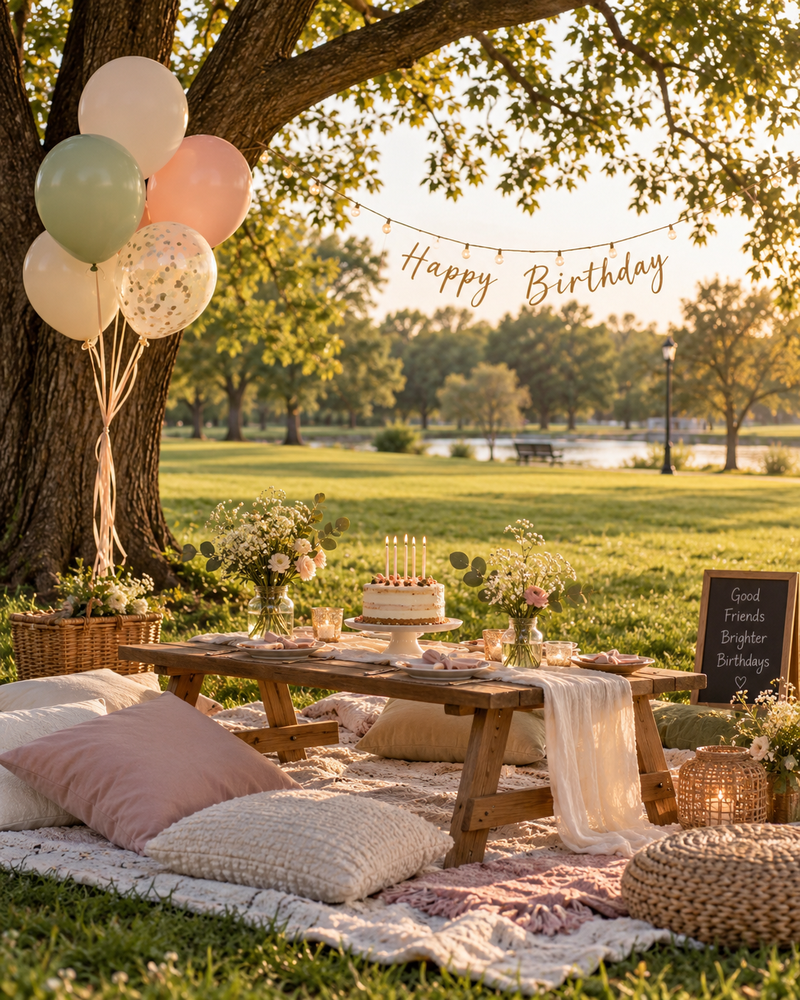 Outdoor birthday celebration setup with a picnic blanket and pillows under a large tree, a table with a cake, flowers, and candles, balloons, a 'Happy Birthday' banner, and a scenic background of a park with trees, water, and sunset lighting.