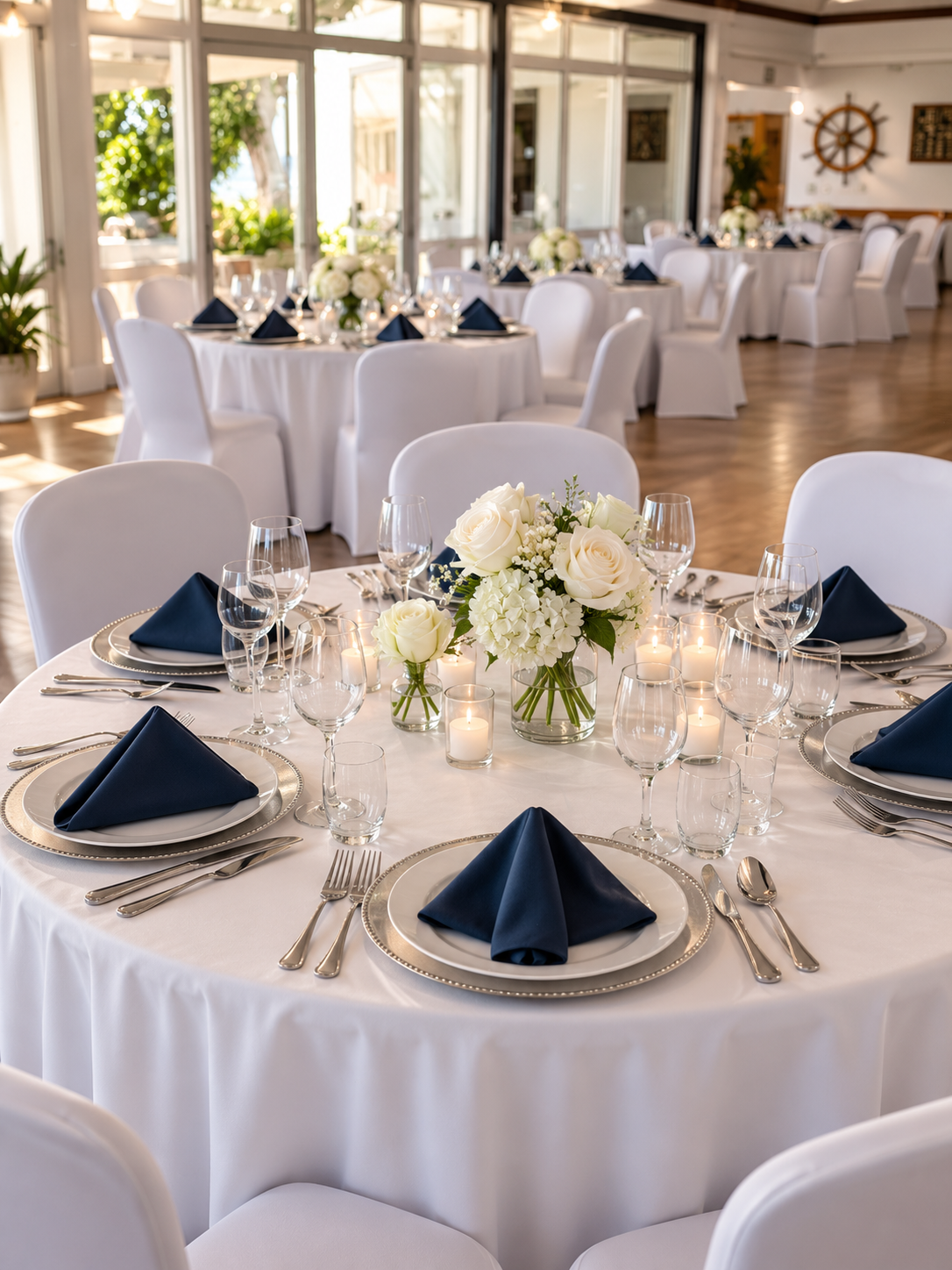 Elegant banquet hall with round tables dressed in white tablecloths, decorated with navy blue napkins, clear glassware, silverware, and white floral centerpieces, with a bright, sunlit atmosphere and large windows.