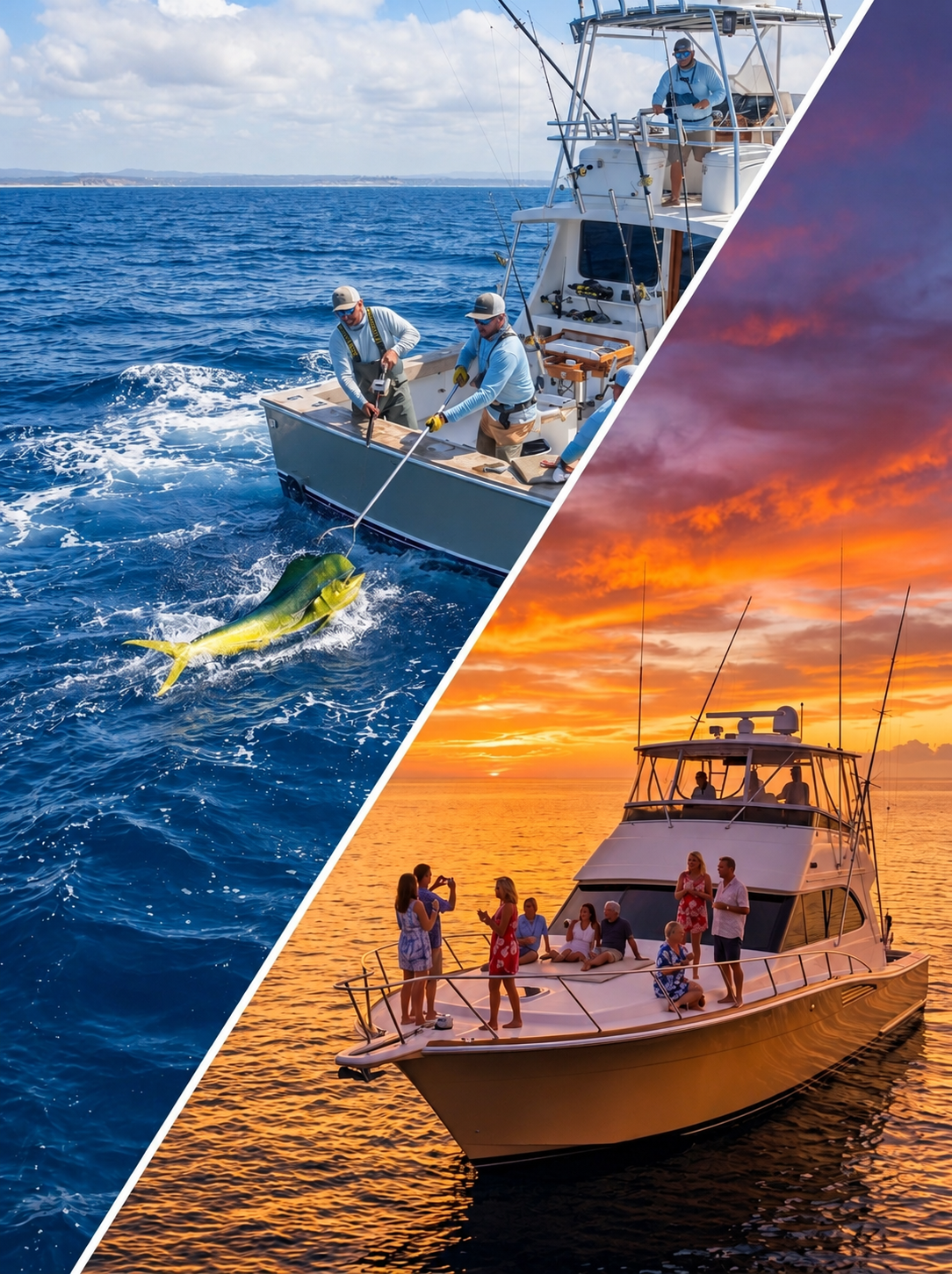 Split image showing anglers fishing from a charter boat and a colorful Gulf Coast sunset over the water.