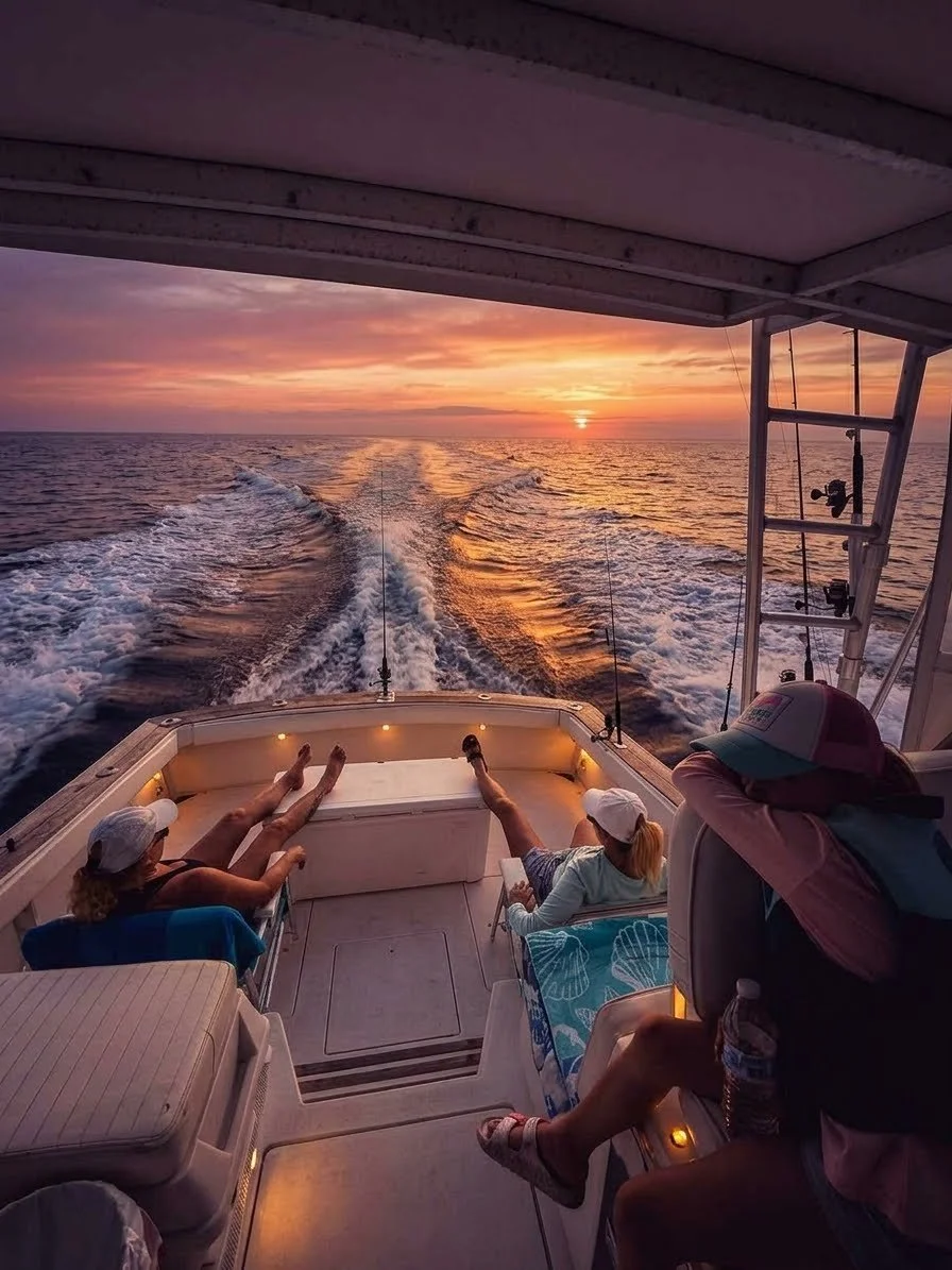 Guests relaxing aboard Southern Grin as the boat cruises across the Gulf of Mexico at sunset.