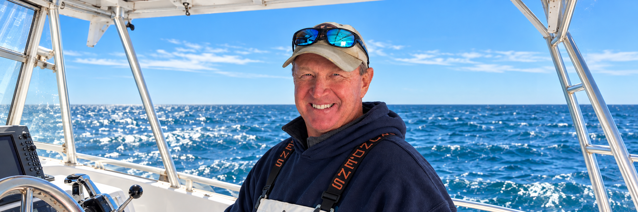 Captain Kenny aboard Southern Grin, his fishing charter boat in Tierra Verde, Florida.
