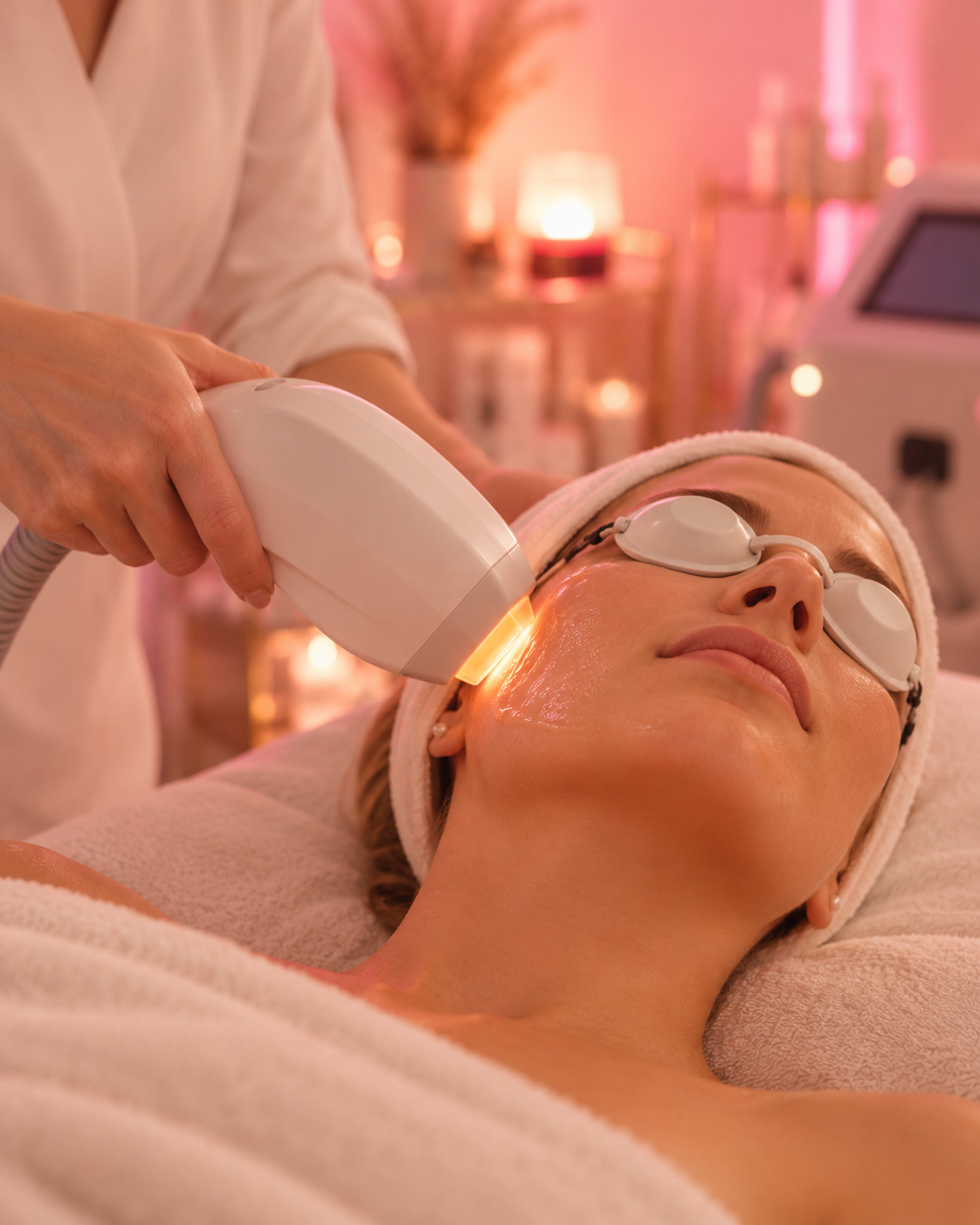 Femme portant des lunettes de protection pendant un traitement laser esthétique du visage en institut.