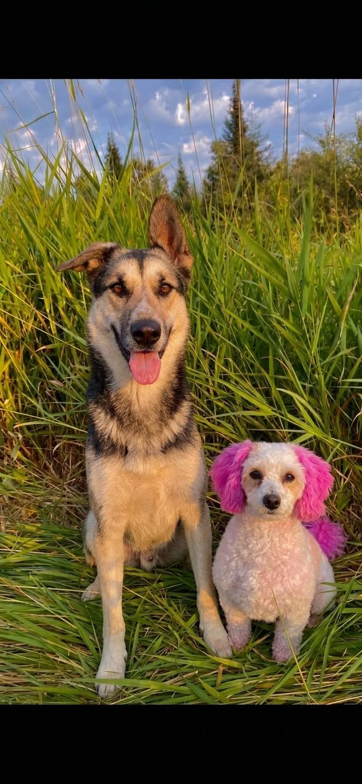 Two dogs sitting in tall grass with trees and blue sky in the background. One is a medium-sized, mixed-breed with a tan and black coat, sticking out its tongue. The other is a small white poodle with pink-dyed ears and patches, sitting beside the larger dog.