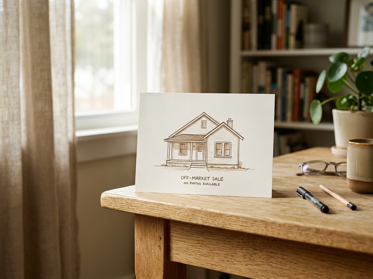 A paper sign on a wooden table with a house sketch and 'Off-Market Sale' written below. The table has markers, a pair of glasses, a ceramic mug, and a small potted plant nearby, with a window and bookshelf in the background.
