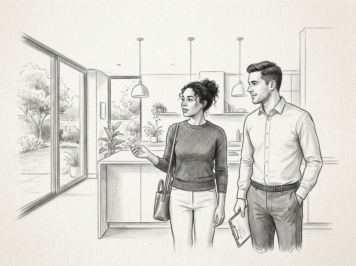 Sketch of a man and woman talking inside a modern kitchen, with large window showing trees outside.