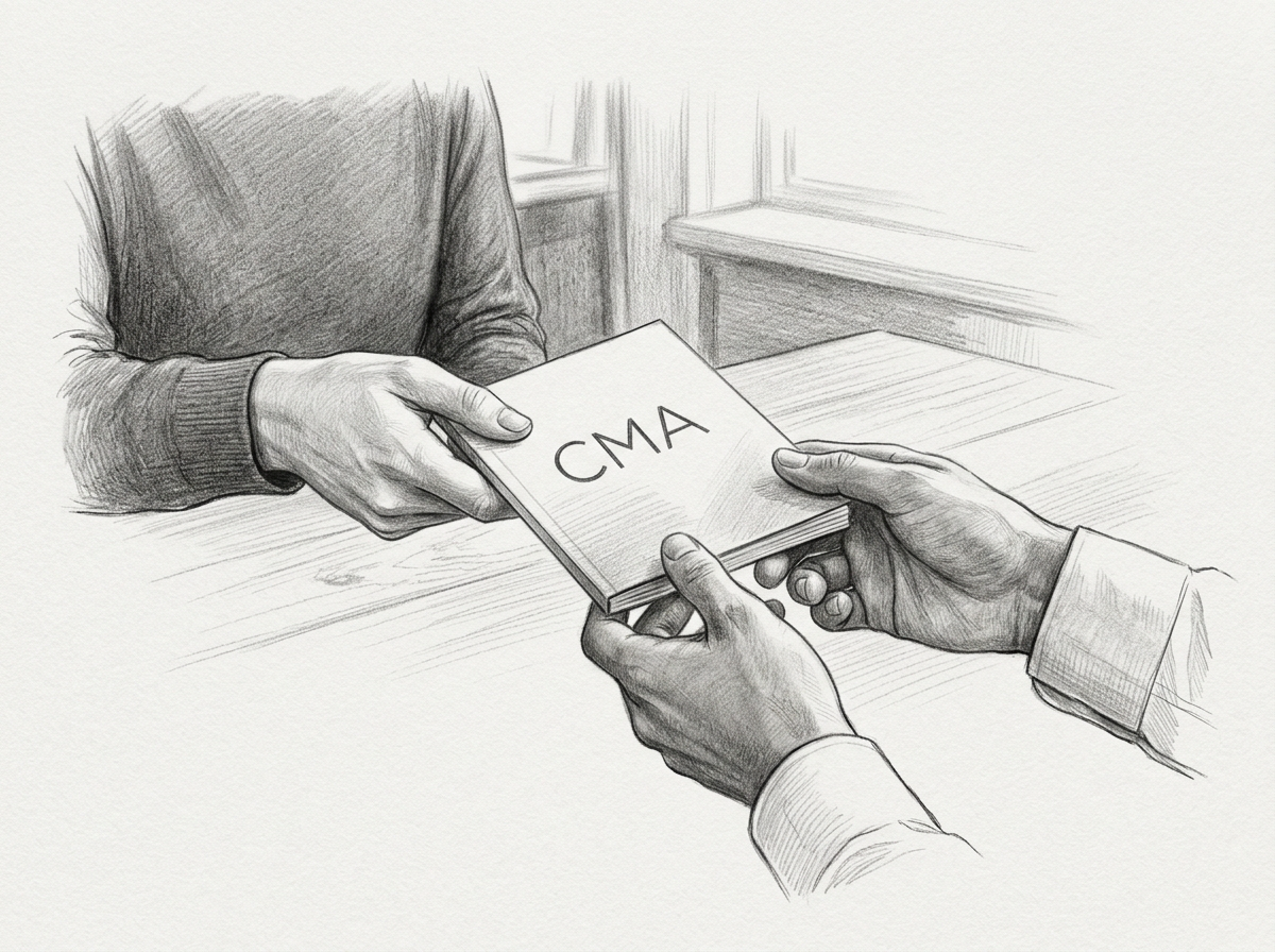 Sketch of one person handing a booklet with "CMA" to another person sitting at a table near a window.