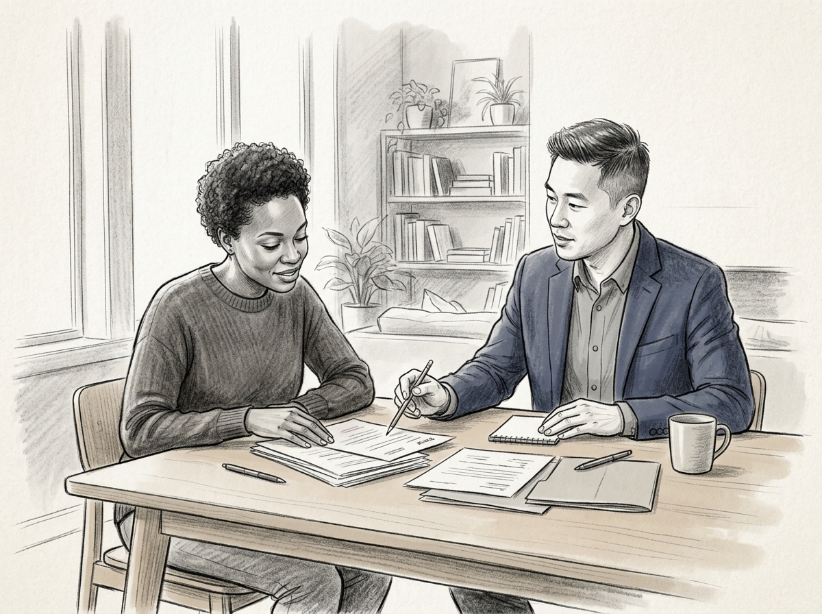 A black woman and a white man having a conversation at a table covered with papers and notebooks in a room with shelves and plants.