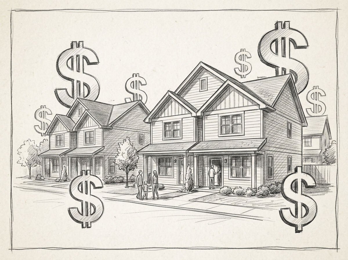 A sketch of a neighborhood with several houses, large dollar signs in the background, and people walking on the street.