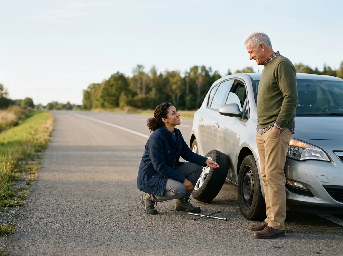 A woman helping a man with changing a flat tire on a silver car on an empty road during daylight.