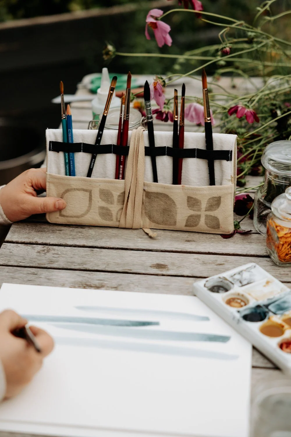   Sewn items   made with plant-dyed fabrics. Pouches, paint brush stands/cases, bandanas, patches